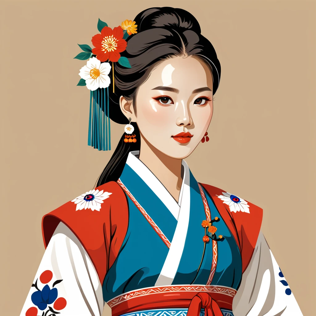 woman in south korea folk outfit, vector graphics, strong contours