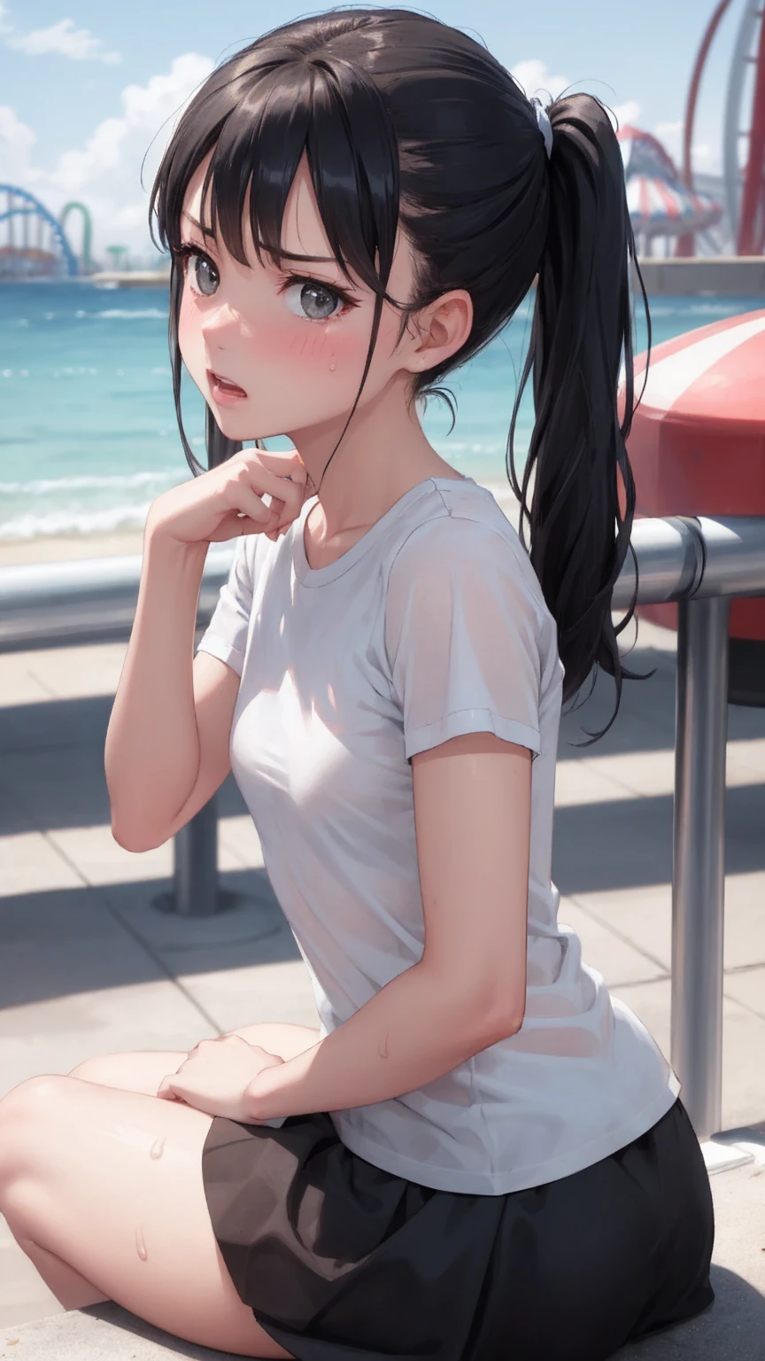 Masterpiece, top quality, white t-shirt, skirt, black hair, small breasts, girl, upper body, hot, sweating, sitting on the ground, pigtails, looking at camera, sea, summer, facing forward, legs spread, angry, amusement park