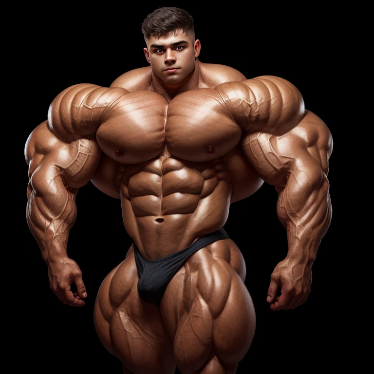 a young man, short hair, big eyes, shirtless, massively muscular, with massively large muscles, on a black background
