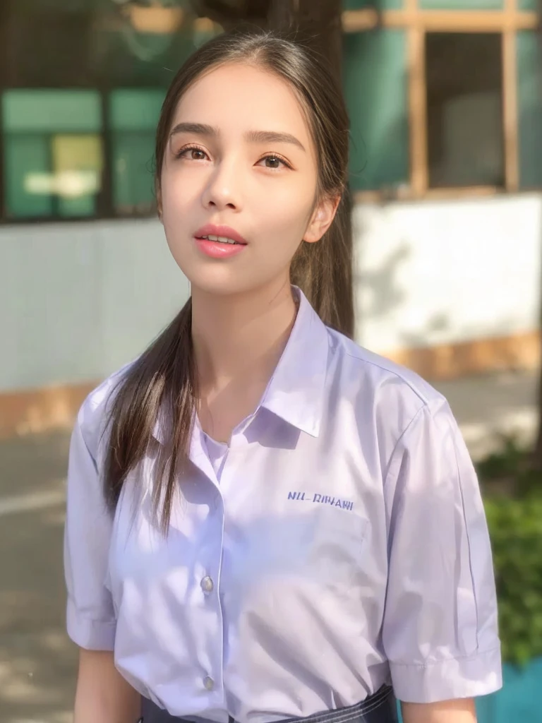 there is a woman that is standing in the street with a cell phone, nivanh chanthara, girl wearing uniform, dilraba dilmurat, student, wearing school uniform, photo of the girl, patiphan sottiwilaiphong, with kind face, during sunrise, 1 6 years old, 18 years old, wearing a school uniform