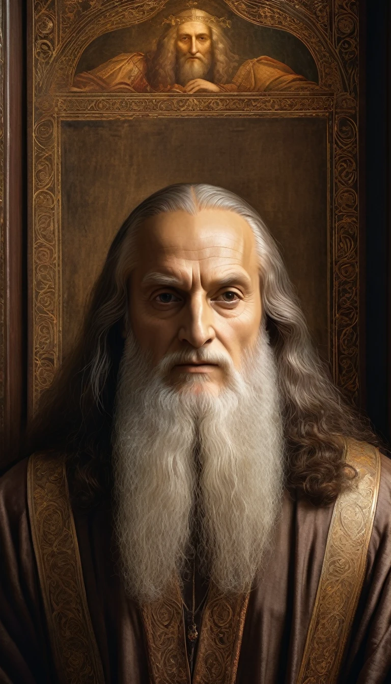 Detailed portrait of Leonardo da Vinci,Highly detailed face and eyes,Intricate Renaissance costumes,Books and paintings that exude a Renaissance atmosphere,Graceful posture,Chiaroscuro lighting,Structure of the film,A calming color palette,masterpiece,Realistic,8k