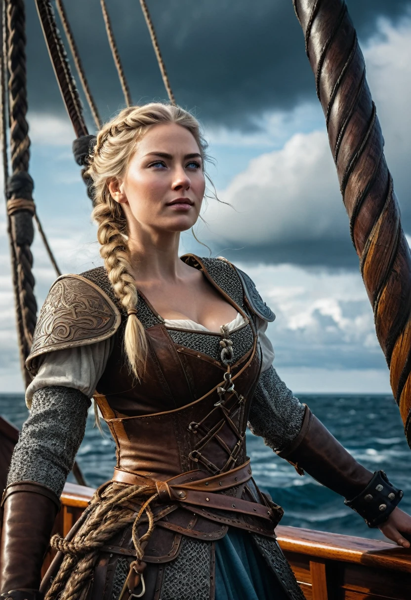 8K quality, ultra-high definition, realistic, medieval Europe, Viking queen, standing at the bow of a Viking pirate ship, swinging her long chrome sword in the direction of travel, the queen leading the battle, the queen is a mature woman with large breasts and a large body, she is clad in Viking leather armor, her sword is decorated with intricate details, the queen's blonde hair is tightly braided and tied up, her cheeks are flushed and you can see she is excited before the battle, her eyes are blue and her eyelashes are long, overcast sky with black clouds, strong wind, backlit and dark shadows, a little rain, rough ocean with an island visible in the distance, attention to detail, the camera looks up at her from below.