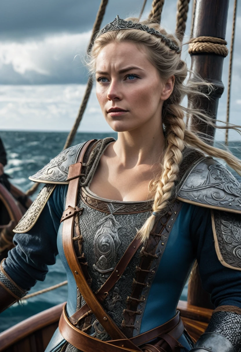 8K quality, ultra-high definition, realistic, medieval Europe, Viking queen, standing at the bow of a Viking pirate ship, swinging her long chrome sword in the direction of travel, the queen leading the battle, the queen is a mature woman with large breasts and a large body, she is clad in Viking leather armor, her sword is decorated with intricate details, the queen's blonde hair is tightly braided and tied up, her cheeks are flushed and you can see she is excited before the battle, her eyes are blue and her eyelashes are long, overcast sky with black clouds, strong wind, backlit and dark shadows, a little rain, rough ocean with an island visible in the distance, attention to detail, the camera looks up at her from below.