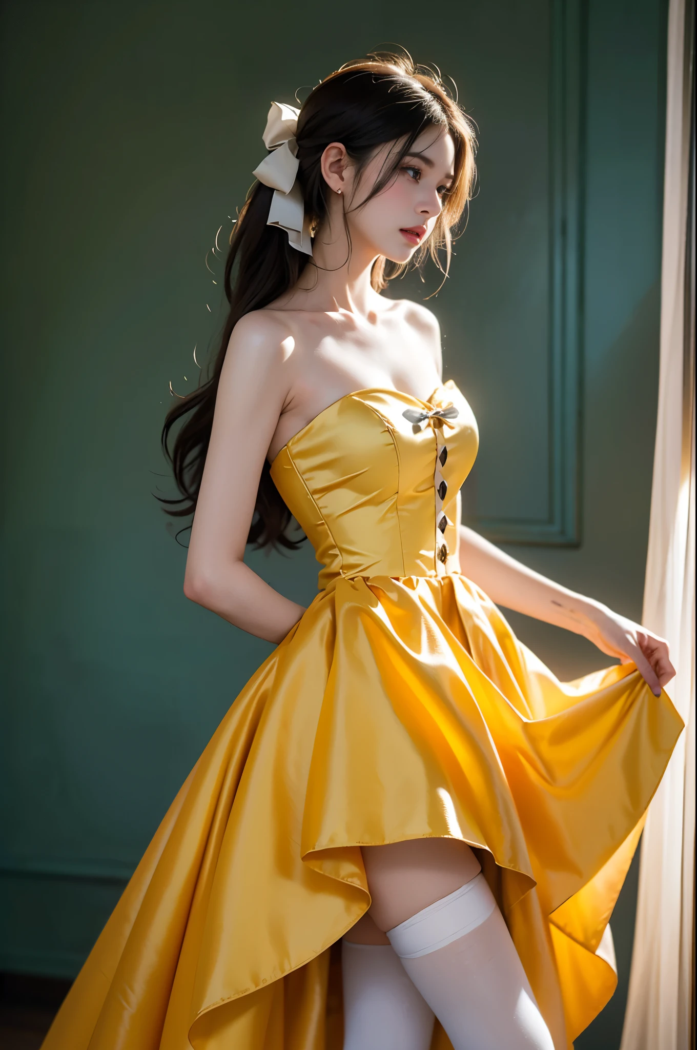 strapless dress,bow, yellow dress,white thighhighs,blue ribbon, ((1 girl, Elegant posture)), Natural leg proportions, Visible cleavage, masterpiece, (best quality, 4K, 8K, high resolution, masterpiece:1.2), Extremely detailed, (Practical, photoPractical, photo-Practical:1.37), Official Art, CG, Anatomically correct, Random Scenes, Random shooting angle, Movie, photography, Intricate background, Soft lighting, Subtle shadows, Vibrant colors, Expressive eyes, Beautiful, high class boutique, Ambience, A moment of honesty, Natural expression, Detailed texture, Fine details, Refined and elegant, Exquisite style, Artistic Composition, Beautifully presented.