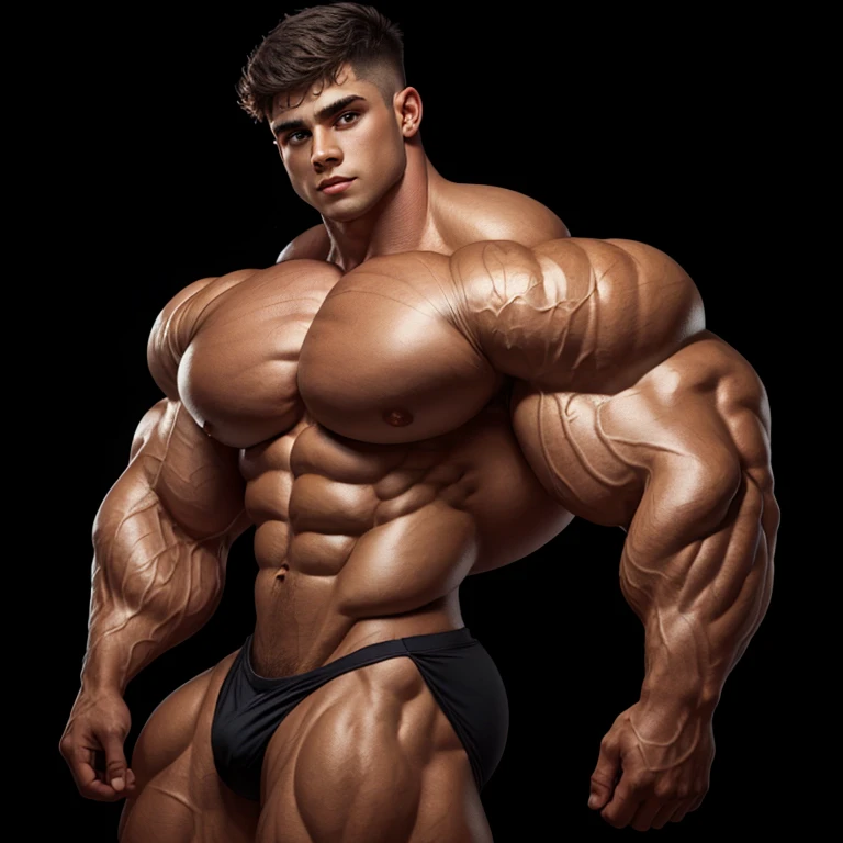 a young man, short hair, big eyes, shirtless, massively muscular, with massively large muscles, on a black background