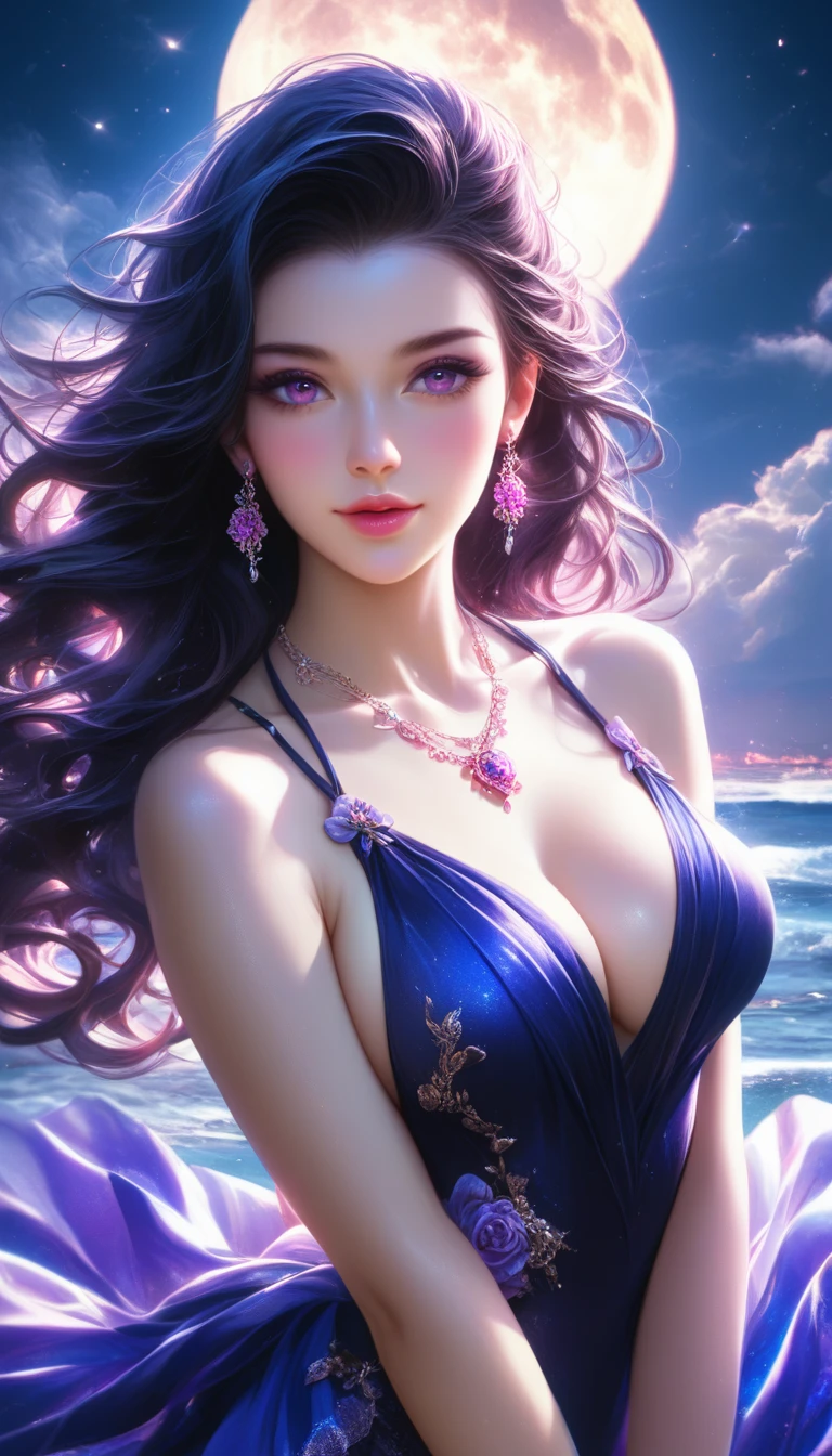 score_9, score_8_superior, score_7_superior, A masterpiece in 32K resolution,Highest quality,it is really amazing,Very detailed,Ultra-high resolution,Ultra-realistic,Realistic,Increased depth of field,Cinematic lighting,
Elegant Japanese woman,
Long black hair,Ultra-detailed and beautiful face,Gentle expression,Translucent white skin,Realistic skin texture,
Sexy Summer Beach Dresses,
Bold design,Artistic design,Beautiful and detailed pattern,Detailed fabric texture,
Gorgeous necklace,Earrings,
Coastline at night,Giant Moon,Dark clouds floating in the dark night sky,
High angle,