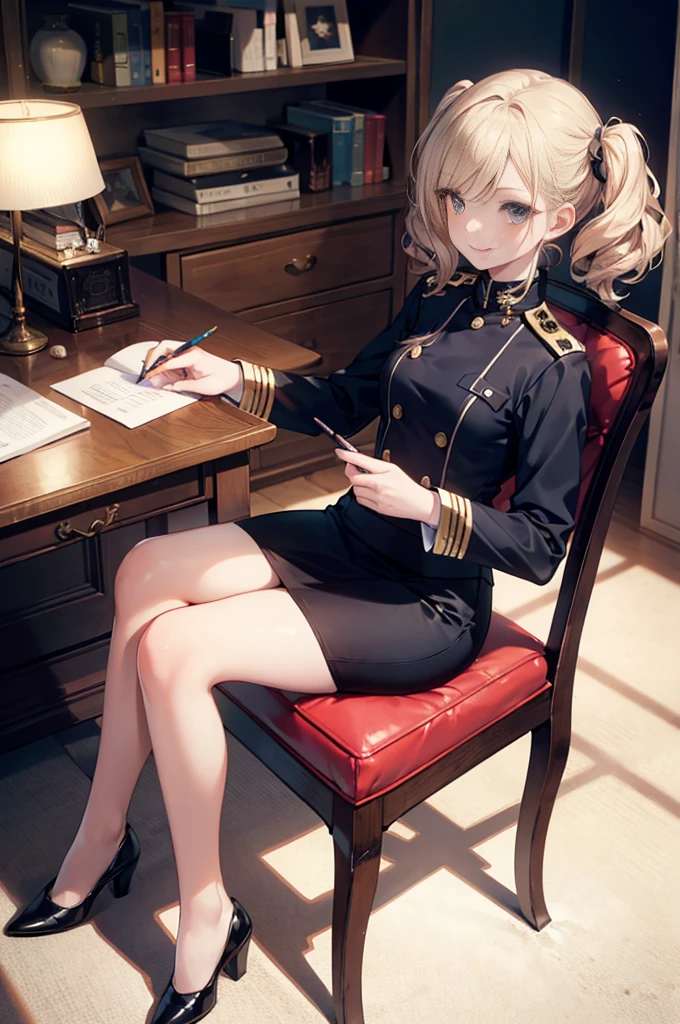 (masterpiece), 4K,woman,2 feet,long sleeve military uniform,Small breasts,Small Ass,Curly Twin Tails,Light bulb lighting,Realistic, skinny, smile,Sitting in a luxurious chair,((Knee-length pencil skirt)),Writing documents