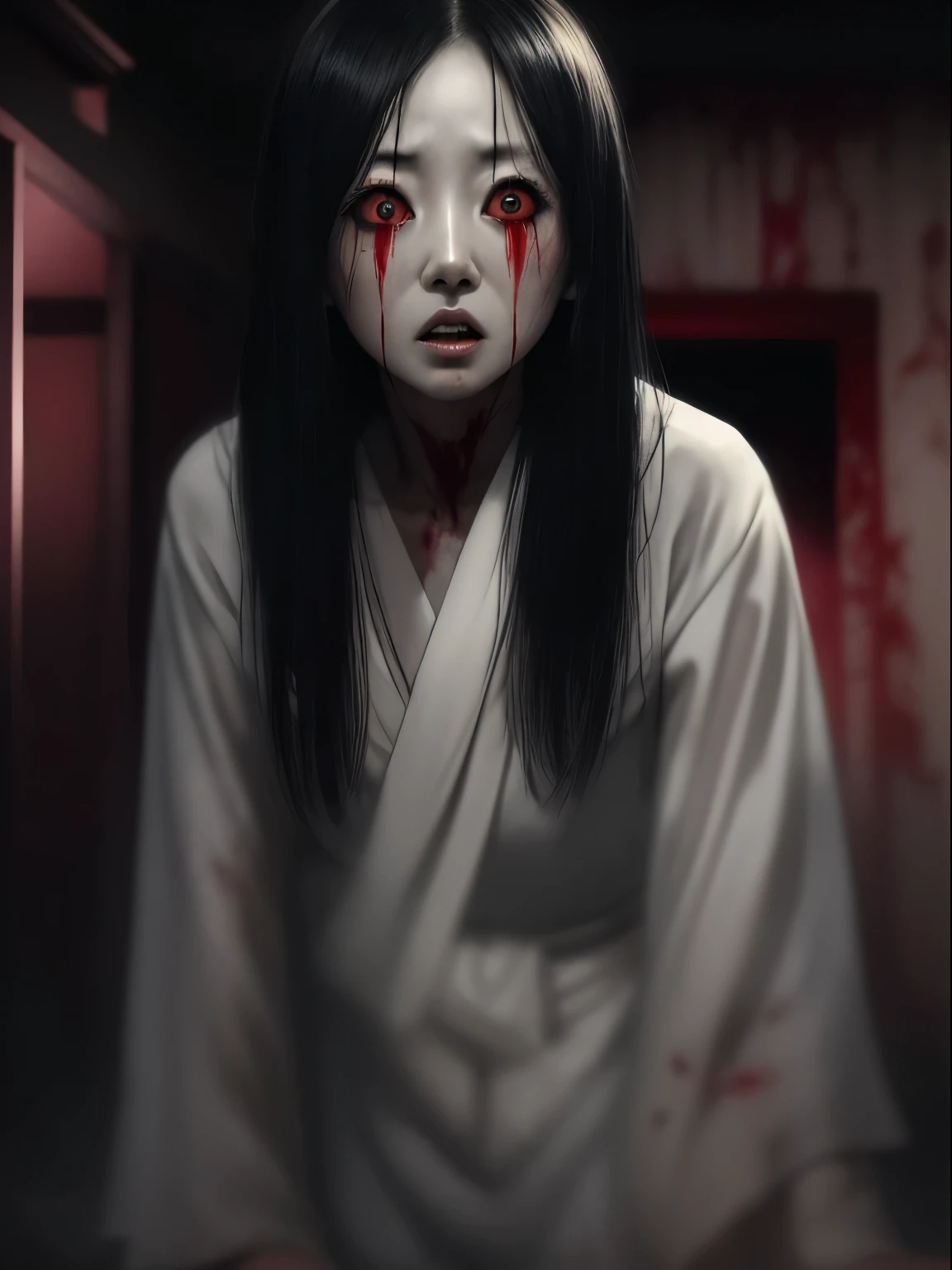 A hauntingly realistic depiction of Kuchisake-onna, the infamous slit-mouthed woman of Japanese urban legend. This mesmerizing image is a highly detailed painting that vividly captures the chilling essence of the supernatural figure. The portrayal showcases her pale, blood-streaked face, sharp scissors in hand, and a sinister grin that sends shivers down the spine. Every brushstroke exudes a sense of dread, making her presence feel disturbingly real. The craftsmanship of this artwork is unparalleled, with nuanced shading and intricate details that bring her menacing presence to life.