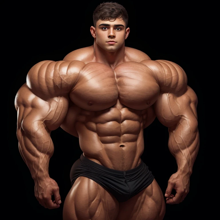 a young man, short hair, big eyes, shirtless, massively muscular, with massively large muscles, on a black background