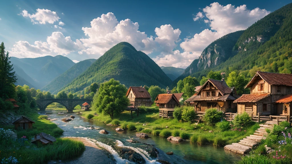 Old Bulgarian village, mystical nature, Rivers, Mountains and forests, waterfall, cloud, Photorealistic photos, It&#39;s not 8k. Aerial view.