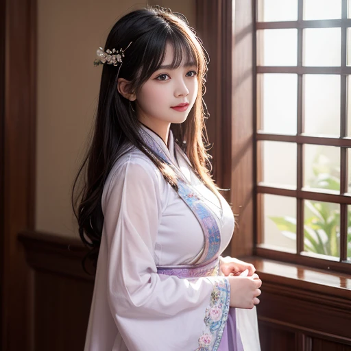 best quality, Delicate face,beautiful visual work, lifelike, eternity, black hair, Long curly hair, blunt bangs, Smile, Detailed Background, Delicate face,blush,cold,((masterpiece))、(top quality)、8k、high detail、Super detailed,21 years old female,身穿唐制Hanfu、waist skirt, Clothes are light and fluffy,Hanfu, wide sleeves, Tunic, Clothes made of chiffon, Seductive and whimsical style、masterpiece、born、Scenes resembling fairy tale illustrations、intricate details和複雜的設計、Beautifully、magic、capricious、 Beautifully、Dream aesthetics、「𝓡𝓸𝓶𝓪𝓷𝓽𝓲𝓬、ethereal、charming、fickle、magic」、realism、Visual effects、FXAA、SSAO、Shader、voiceless、ambient lighting、Tone mapping、High resolution、Ultra high quality、Million pixels、(8K resolution:1.10)、8k、8k以下、8K resolution、high detail、intricate details, (high quality:1.2、masterpiece:1.2、:1.21)、(21 years old female:1.21)、(興奮地Smile)、(被dream般的氛圍所包圍、Model diagram,full-body shot,Normal 2 feet,Put your hands behind you,The protrusion of the breast is visible when wearing clothes, Large Breasts, H cup chest, antiquity, Xian Xia, gauze clothes, Soft and fluttering, Fairy, dream, fantasy, light, Elegant, nature, Immortal, light purple clothes, indoor