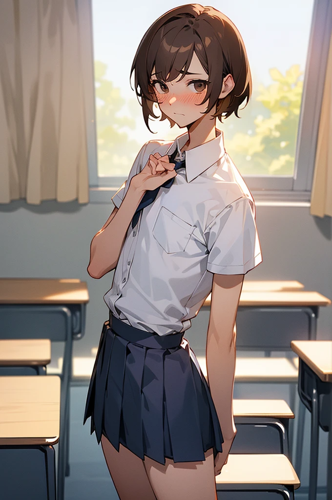 ((best quality)), perfect face, blushing face, slightly skinny , male, student, school uniform, femboy, nerdy, short, short brown hair, school class setting,, far away shot, full body visible, feminine, wearing girls uniform with skirt, naked top, flat chest, male, shy, trying to hide his body