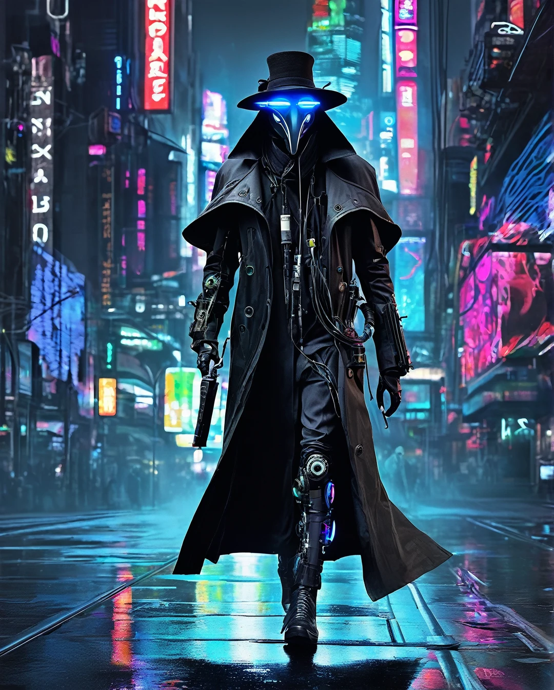 Plague Doctor,Cyberpunk Plague Doctor Cyborg, futuristic reinterpretation, LED eyes, smooth black exoskeleton, neon glowing seams, holographic HUD inside the mask, built-in air filtration system, , dark trench coat pattern with circuitry, , neural interface Ports, augmented reality scanner, chrome accents, data cables, dystopian city background, high contrast lighting, digital art, highly detailed rendered cells,sclera, Very colorful,
Best Improvisation, ((Norman-Ackroyd style!)), ((perfect full body detail)), magic naive art, primitivism, protogen, crimson
, ((best quality, Masterpiece)), ((Highest detail)), RAW:1,1, 8k