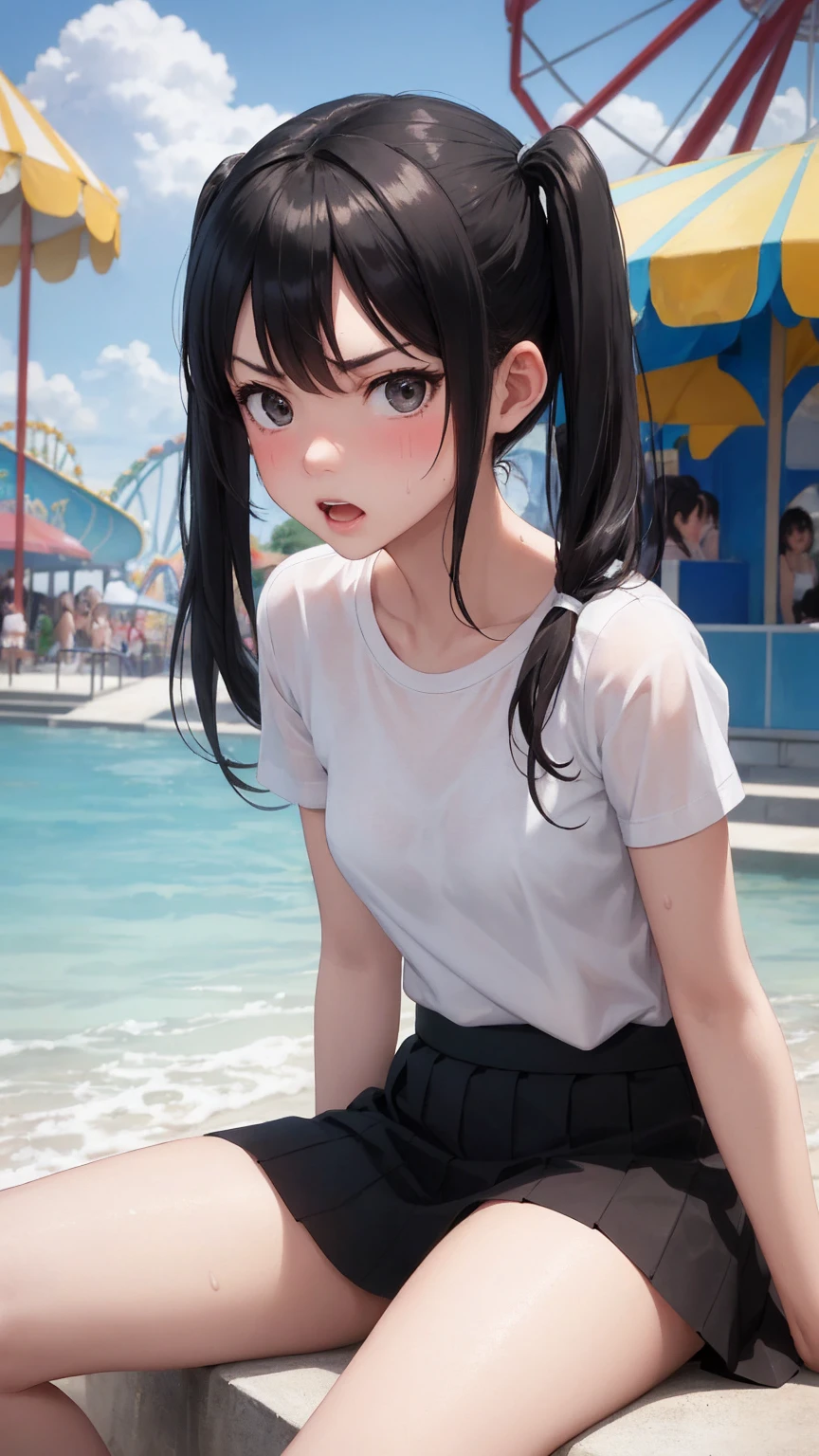 Masterpiece, top quality, white t-shirt, skirt, black hair, small breasts, girl, upper body, hot, sweating, sitting on the ground, pigtails, looking at camera, sea, summer, facing forward, legs spread, angry, amusement park