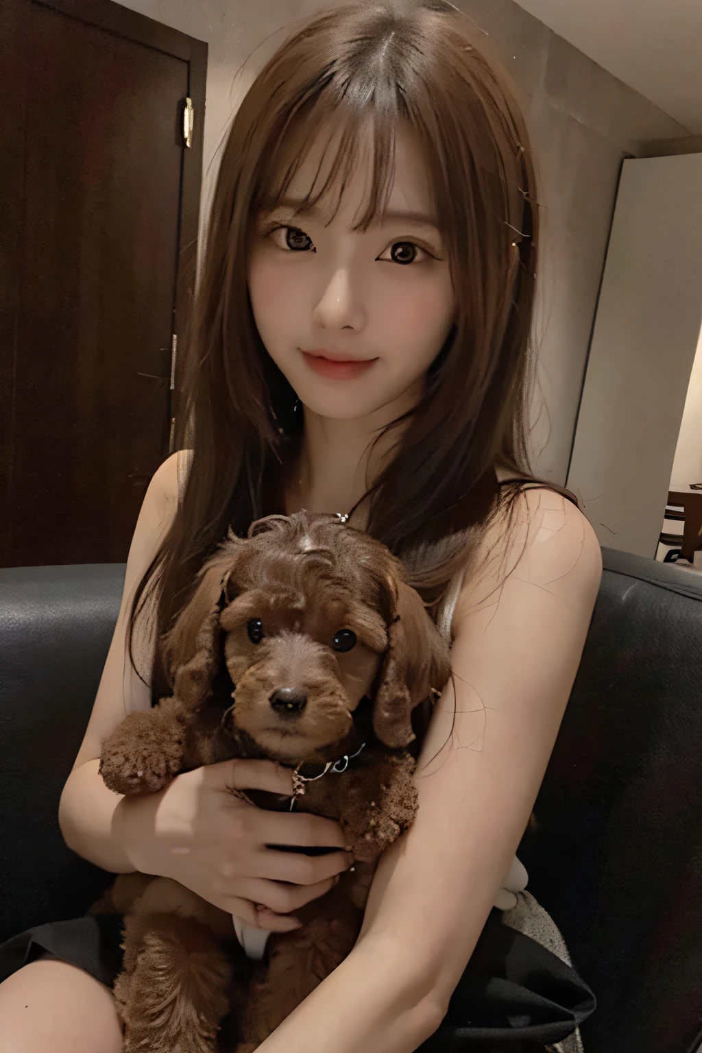 A cute brown small Poodle, A beautiful girl with big eyes and long hair is holding the dog on her lap, Wearing fashionable , smile, selfie shot by iPhone 8, wide aperture lens, natural light, high resolution, high details, best quality, high sharpness, --ar 3:4