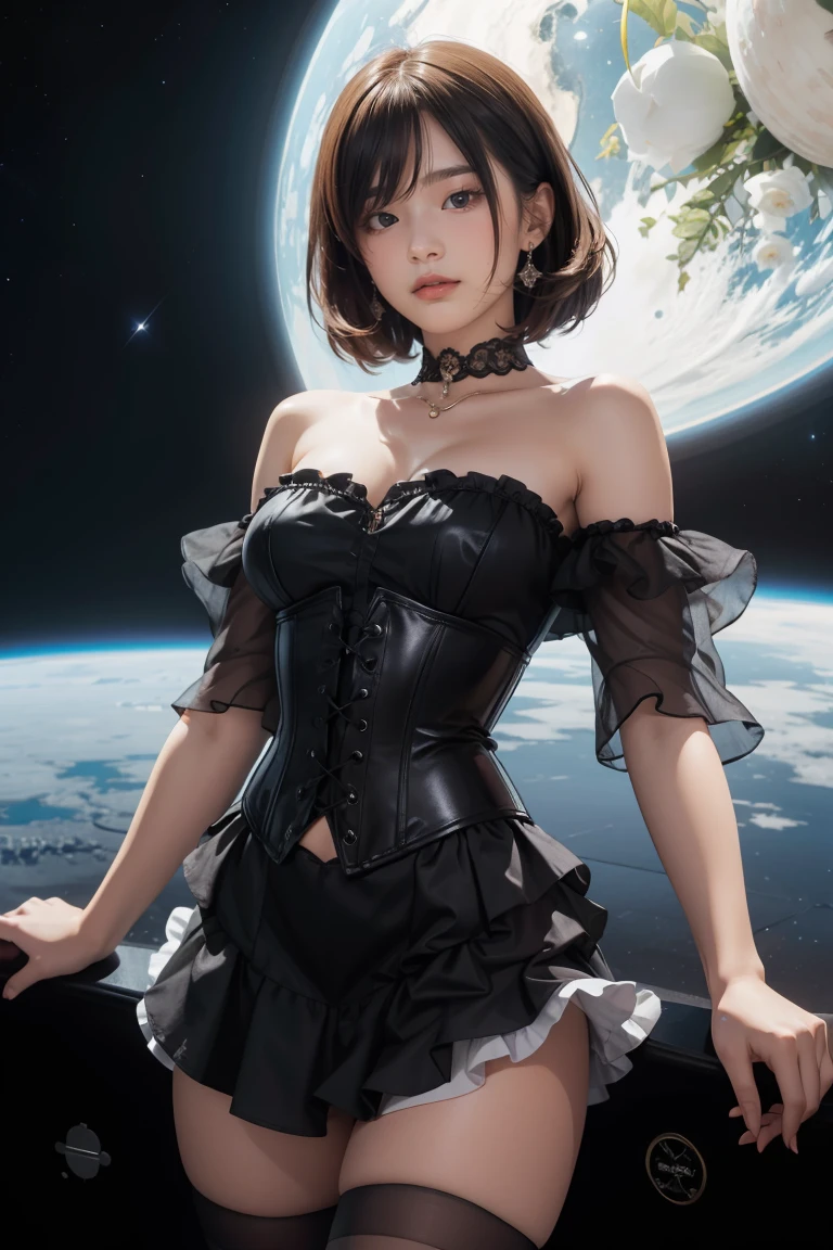 (masterpiece, best quality:1.2), cowboy shot, solo, 1girl, sheryl nome, smile, closed mouth, looking at viewer, strapless dress, corset, layered skirt, thighhighs, bare shoulders, outer space, star (sky)