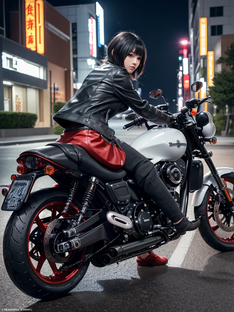 (8k, Photorealistic, Raw photo, Highest quality: 1.4),Japanese idol-style beautiful girl,1 person,18-year-old,(Short Bob),(Silver Hair),Blowing in the wind,Clear grey eyes,Long eyelashes,(piercings(small)),Rider Suit,(The future of large motorcycles(Akira,American type,Harley Davidson)Riding),No helmet,Running through the city at night,The flowing red taillights are beautiful,View from the rear,(Full body snapshot)