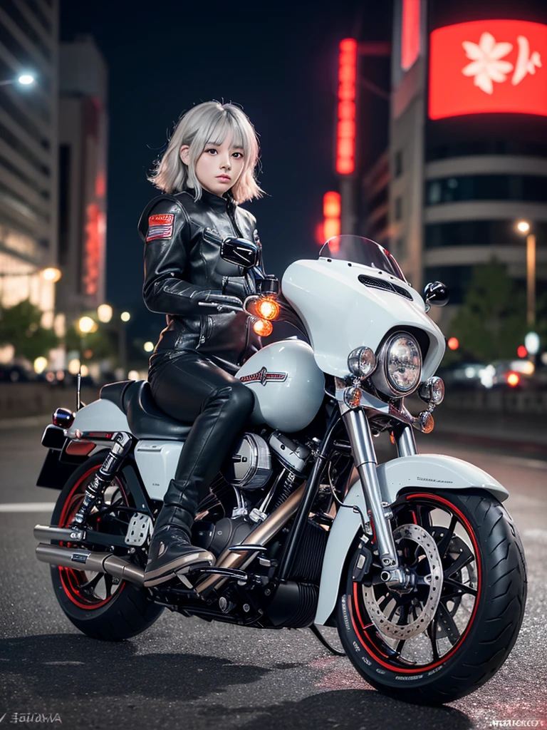 (8k, Photorealistic, Raw photo, Highest quality: 1.4),Japanese idol-style beautiful girl,1 person,18-year-old,(Short Bob),(Silver Hair),Blowing in the wind,Clear grey eyes,Long eyelashes,(piercings(small)),Rider Suit,(The future of large motorcycles(Akira,American type,Harley Davidson)Riding),No helmet,Running through the city at night,The flowing red taillights are beautiful,View from the rear,(Full body snapshot)