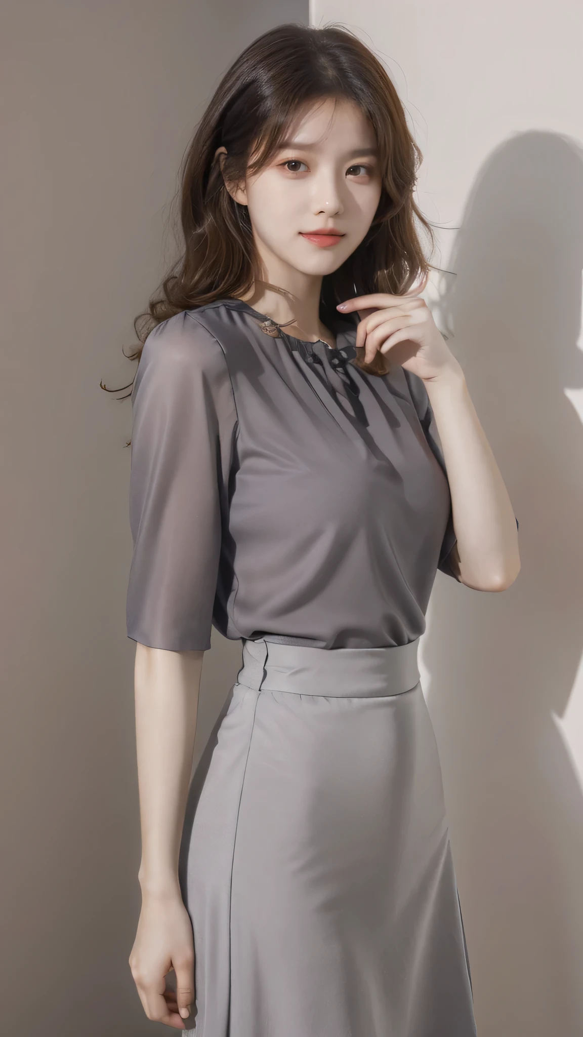 detailed background, masterpiece, best quality, 1 person , curly hair, long hair, purple eyes, star in eye , grey Strapless blouse, long skirt, grey, tight , grey blouse