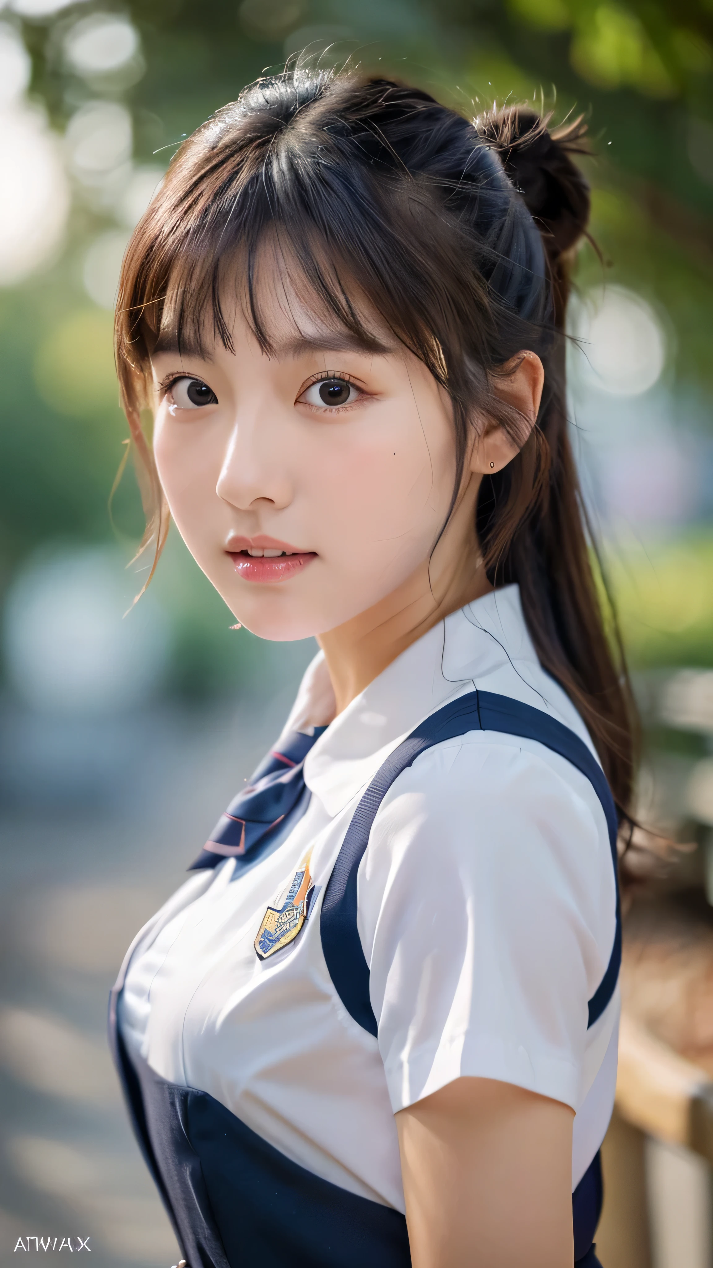 (8K、Raw photo、Highest quality、masterpiece:1.2)、(Realistic、Photorealistic:1.37)、Ultra-detailed、Ultra-high resolution、Cowboy Shot、 beautiful girl、Beautiful and well-proportioned face、、Beautifully detailed skin、Skin Texture、Professional Lighting、Big breasts that are about to spill out、double bun and short twin tails、(((School Uniform 1.2)))、looking at viewer, looking ahead, from above,
