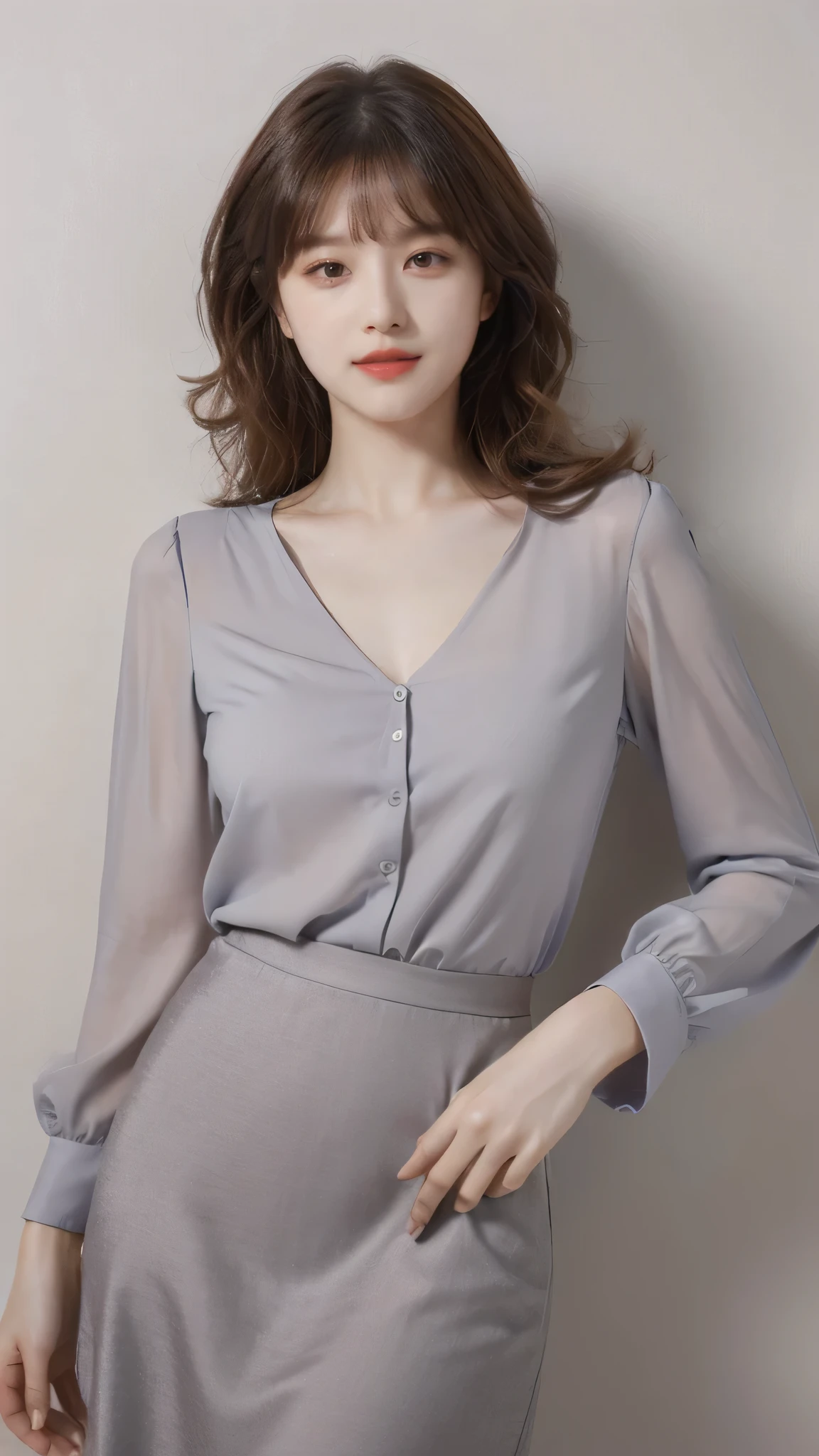 detailed background, masterpiece, best quality, 1 person , curly hair, long hair, purple eyes, star in eye , grey Strapless blouse, long skirt, grey, tight , grey blouse