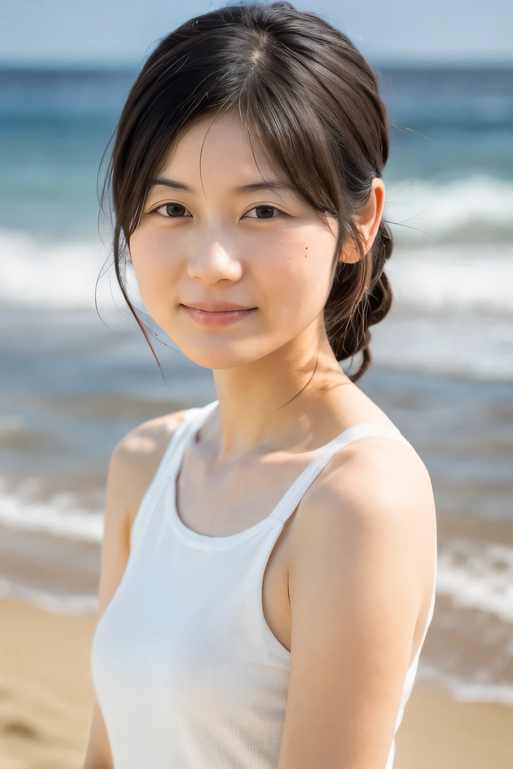 8k, highest quality, masterpiece, super high resolution, (realistic:1.4), RAW Photos, (Film Grain:1.3), One Girl, portrait of a skinny Japanese woman, 30 years old, standing on the beach, a cute face, detailed face, detailed eyes, {short|long} hair, correct body anatomy, photogravure