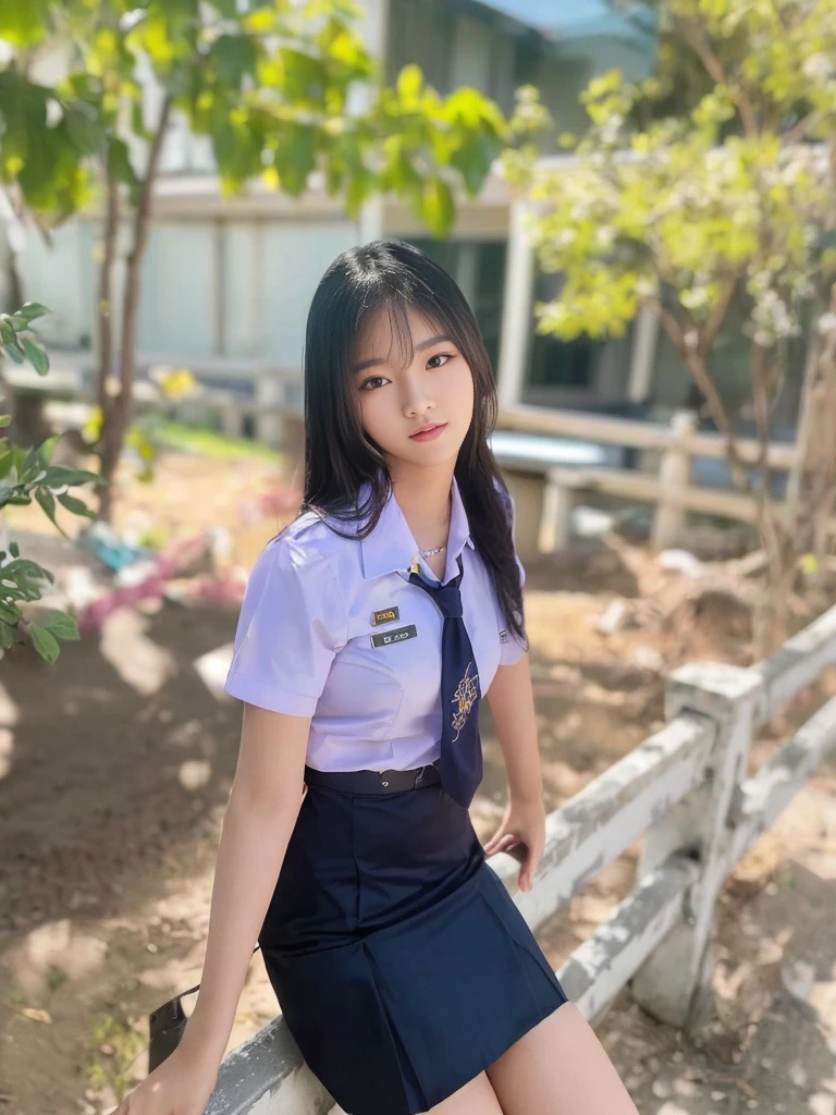 arafed asian woman in uniform sitting on a fence, girl wearing uniform, nivanh chanthara, jk uniform, wearing school uniform, student, wearing a school uniform, anime thai girl, wearing headmistress uniform, profile picture 1024px, in uniform, ruan cute vtuber, sakimichan, in black uniform