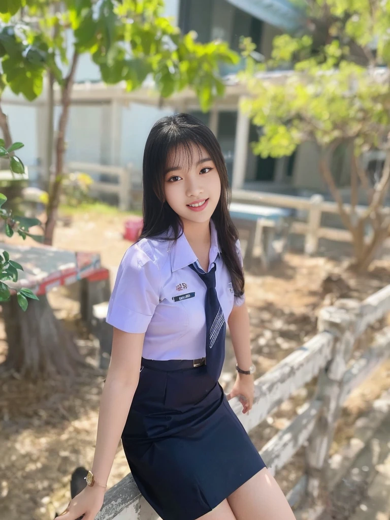 arafed asian woman in uniform sitting on a fence, girl wearing uniform, nivanh chanthara, jk uniform, wearing school uniform, student, wearing a school uniform, anime thai girl, wearing headmistress uniform, profile picture 1024px, in uniform, ruan cute vtuber, sakimichan, in black uniform
