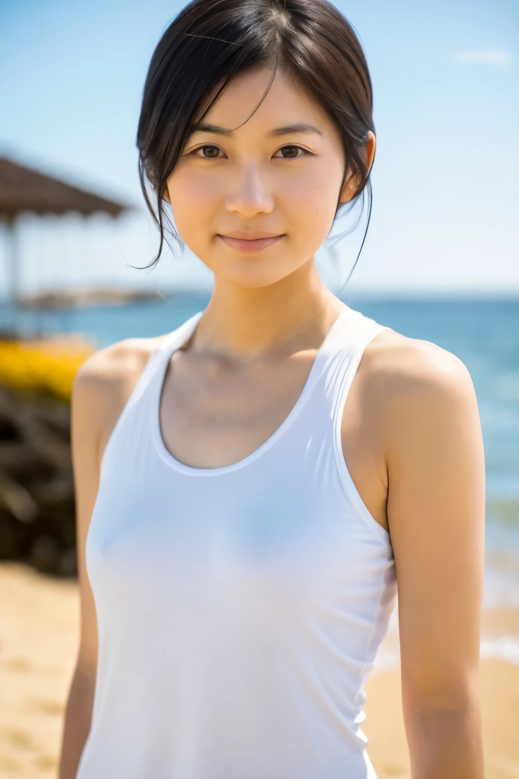 8k, highest quality, masterpiece, super high resolution, (realistic:1.4), RAW Photos, (Film Grain:1.3), One Girl, portrait of a skinny Japanese woman, 30 years old, standing on the beach, a cute face, detailed face, detailed eyes, {short|long} hair, correct body anatomy, wearing a colorful swimsuit, photogravure