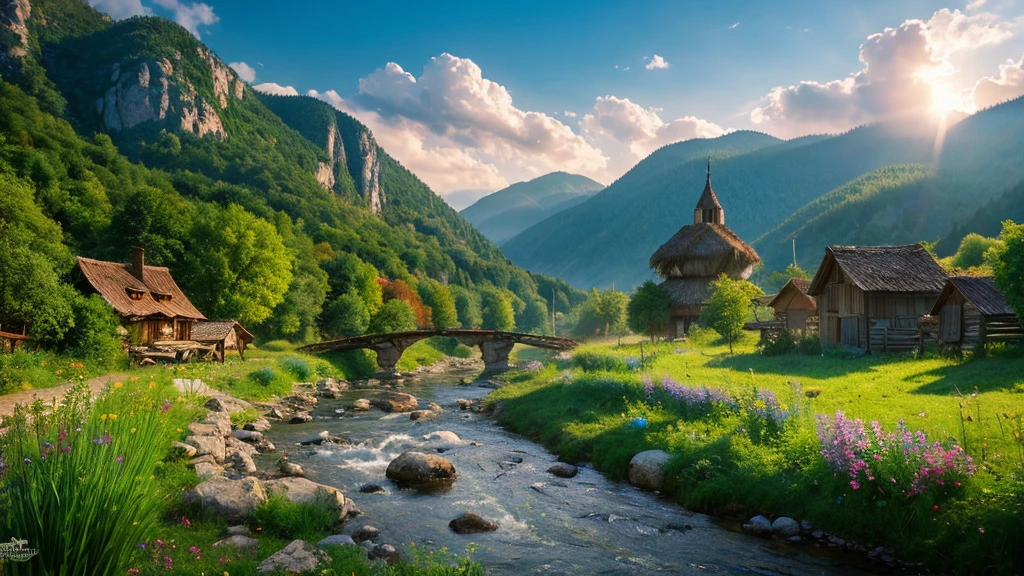 Old Bulgarian village, mystical nature, Rivers, Mountains and forests, waterfall, cloud, Photorealistic photos, It's not 8k. Aerial view.