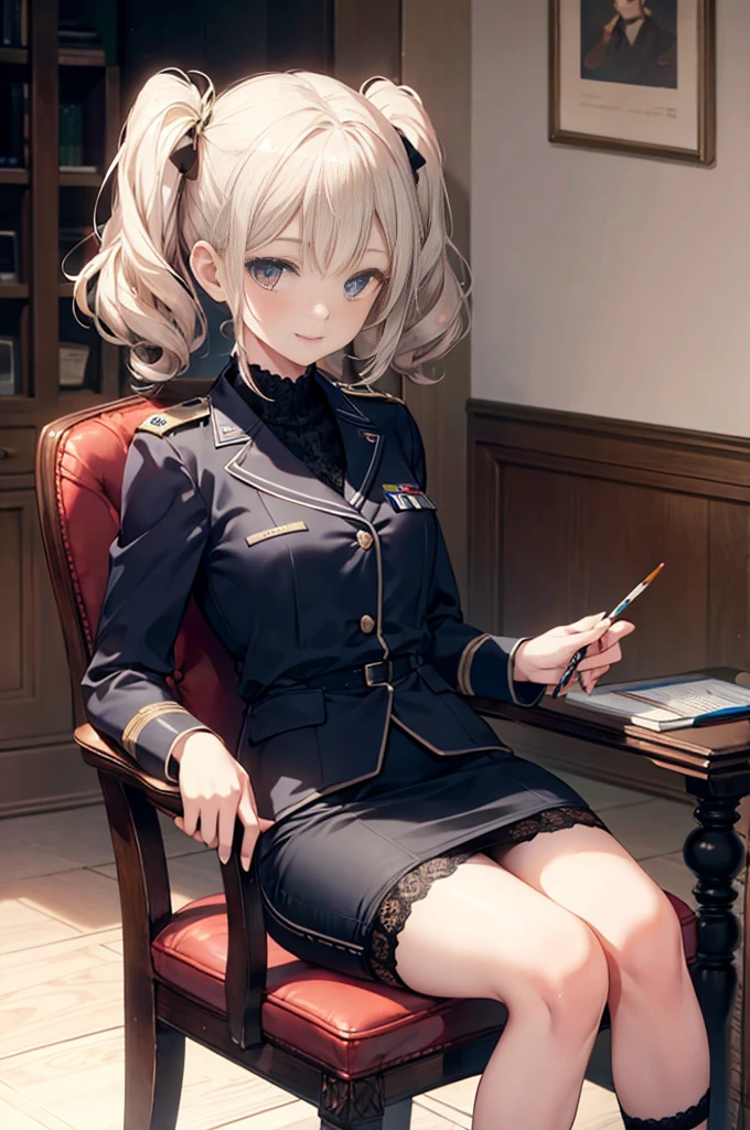 (masterpiece), 4K,woman,2 feet,long sleeve military uniform,Small breasts,Small Ass,Curly Twin Tails,Light bulb lighting,Realistic, skinny, Lace Garter Belt Smile,Sitting in a luxurious chair,((Knee-length pencil skirt)),Writing documents