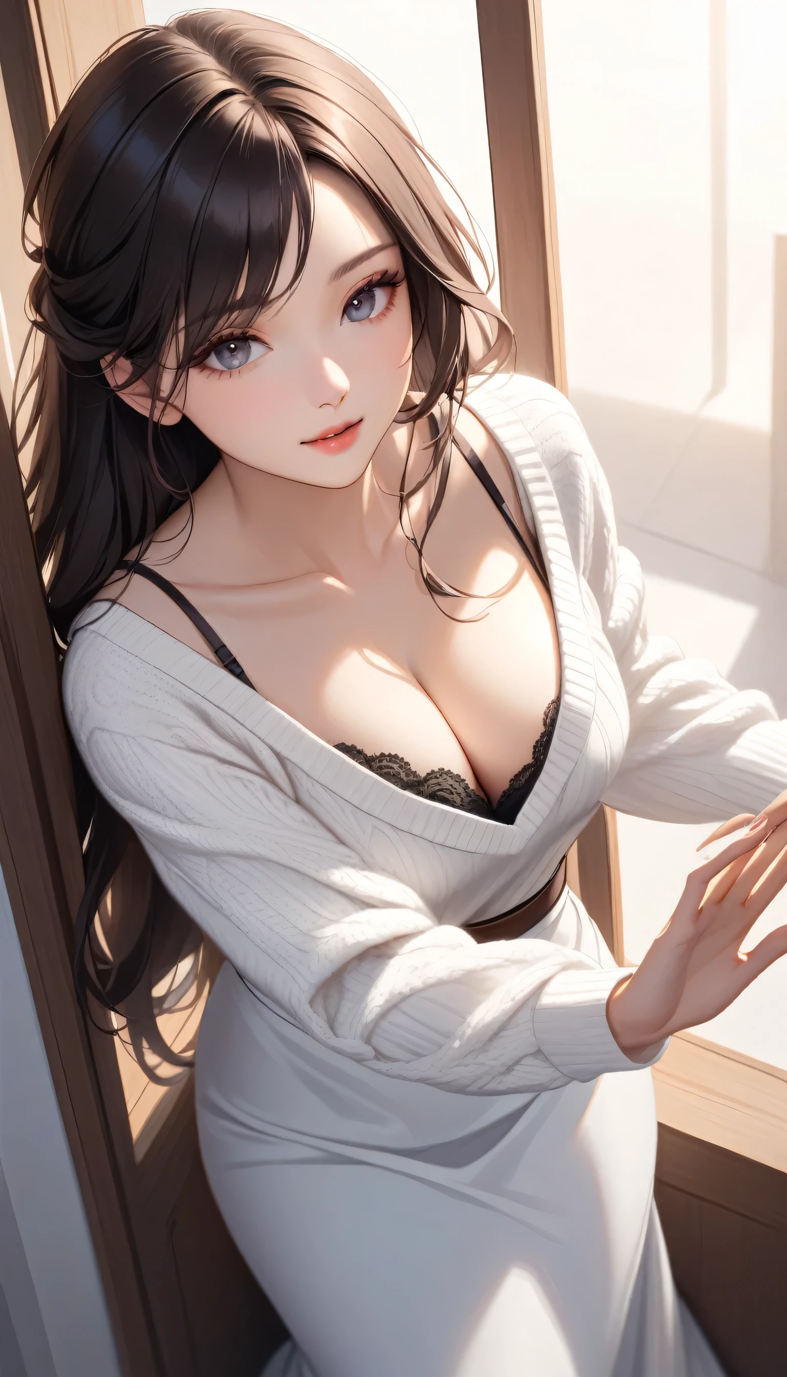 One beautiful woman, loose-fitting white sweater, high-waisted long skirt, giving someone a peek of cleavage in , from above.subtle lingerie peek