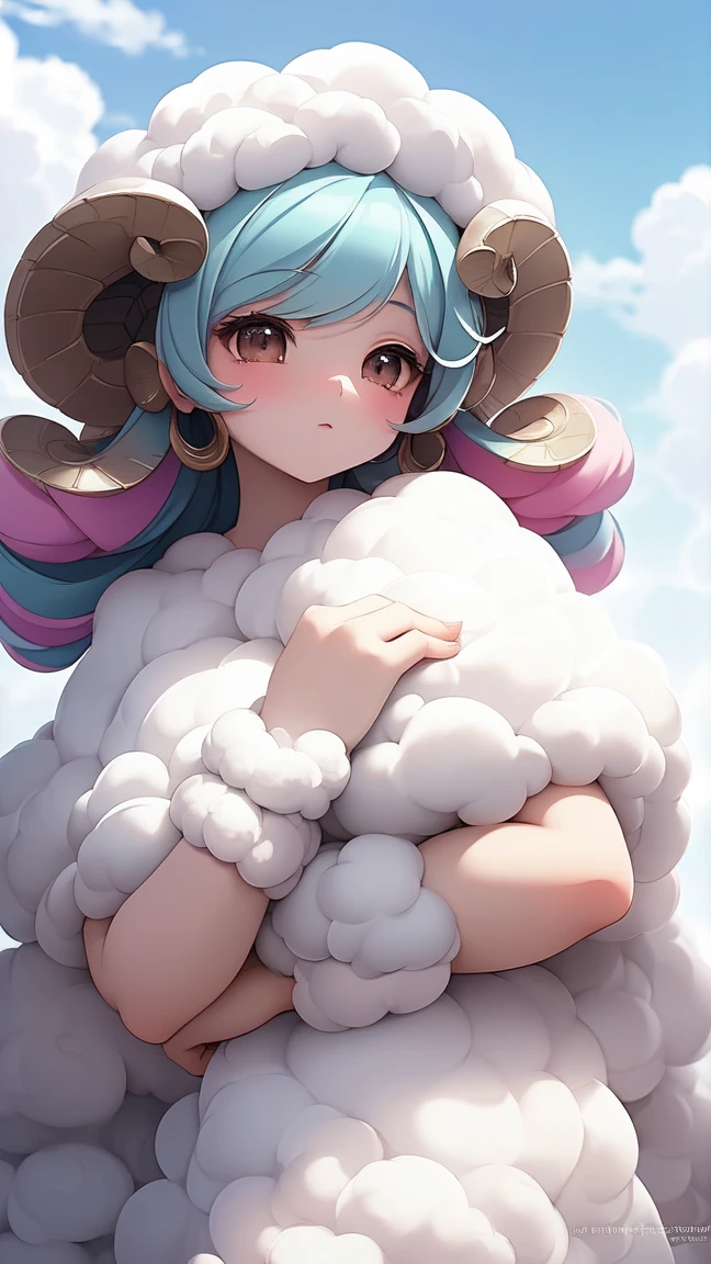 Sheep-like girl, fluffy, soft ((Highest quality)), ( Very detailed, Best details, Official Art, Beauty and aesthetics: 1.2), Depth of the written border, composition, whole body, (a bit), (Beautiful and detailed: 1.3), (wonderful:1), Colorful clouds blurred background