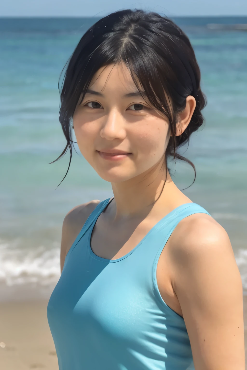 8k, highest quality, masterpiece, super high resolution, (realistic:1.4), RAW Photos, (Film Grain:1.3), One Girl, portrait of a skinny Japanese woman, 30 years old, standing on the beach, a cute face, detailed face, detailed eyes, {short|long} hair, correct body anatomy, wearing a colorful swimsuit, photogravure