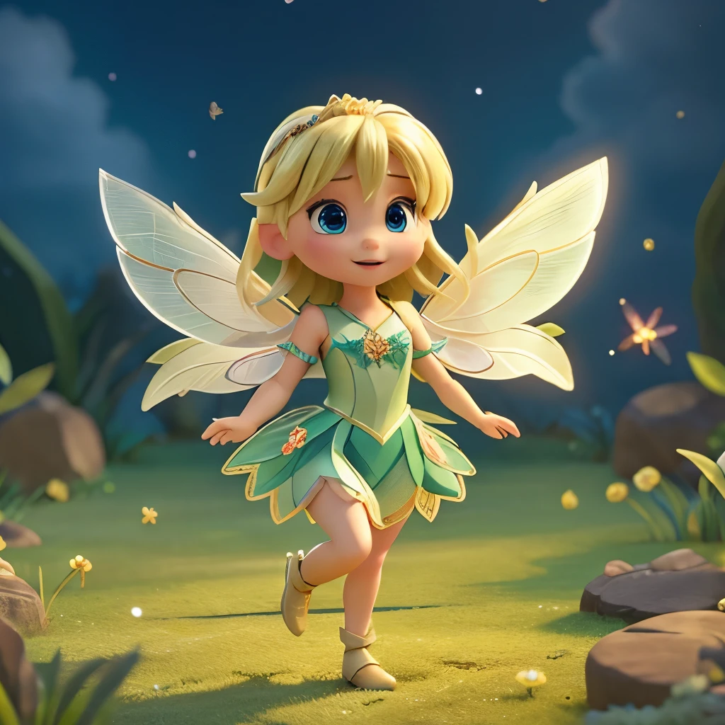 Detailed face、Tinkerbell、Blonde、Fairy with feathers、、Reveal clothing、fly in the sky、((whole body))、((Dynamic Pose))、Various expressions、Pointed Ears