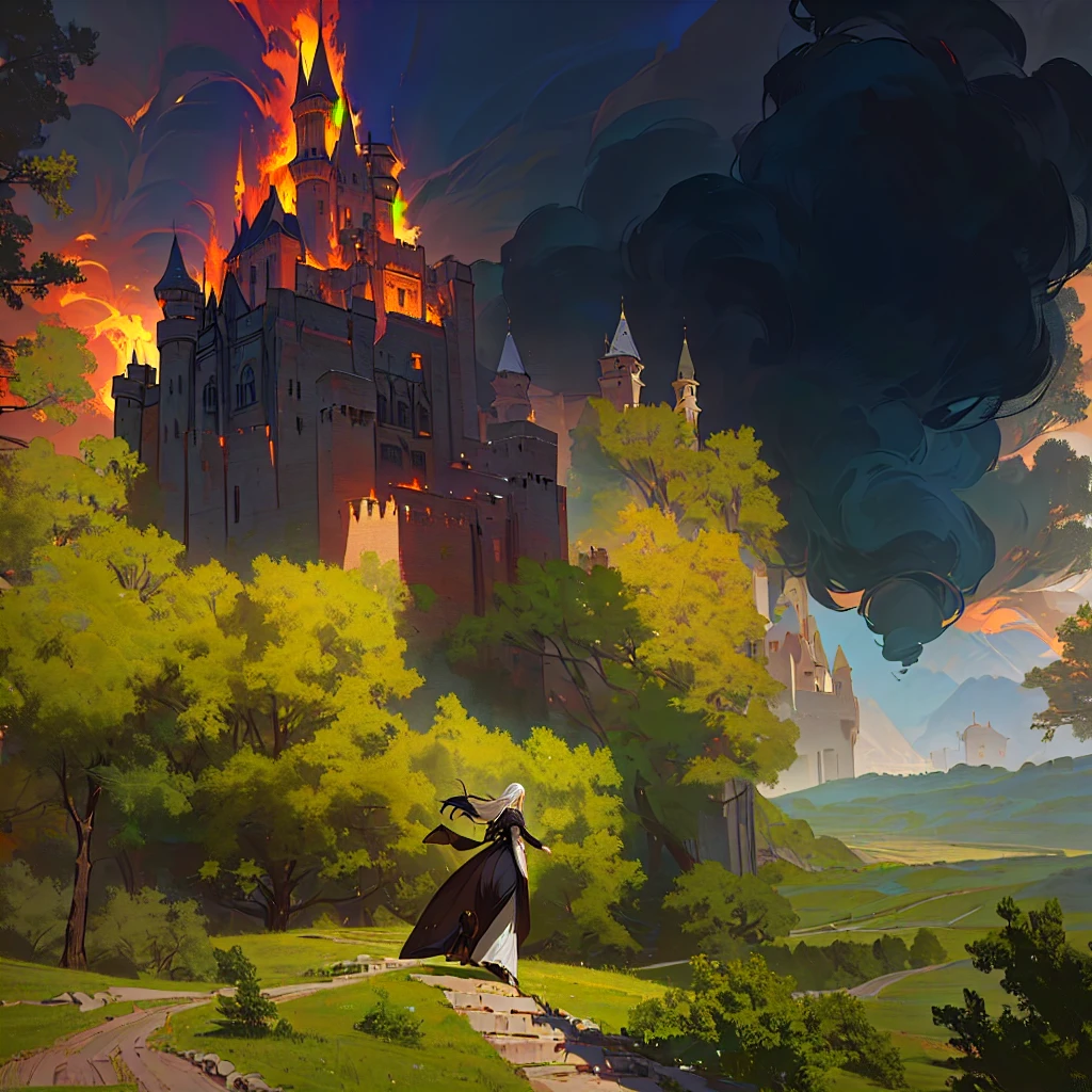 elf girl running away from the forest in a long dress, behind her is a forest and a burning castle. Arafed Castle on a hill with a woman in a long dress., Cover of an epic fantasy novel, epic fantasy illustration, inspired by Mark Simonetti, an ominous fantasy illustration, art style of Марк симонетти, 4K wallpaper
