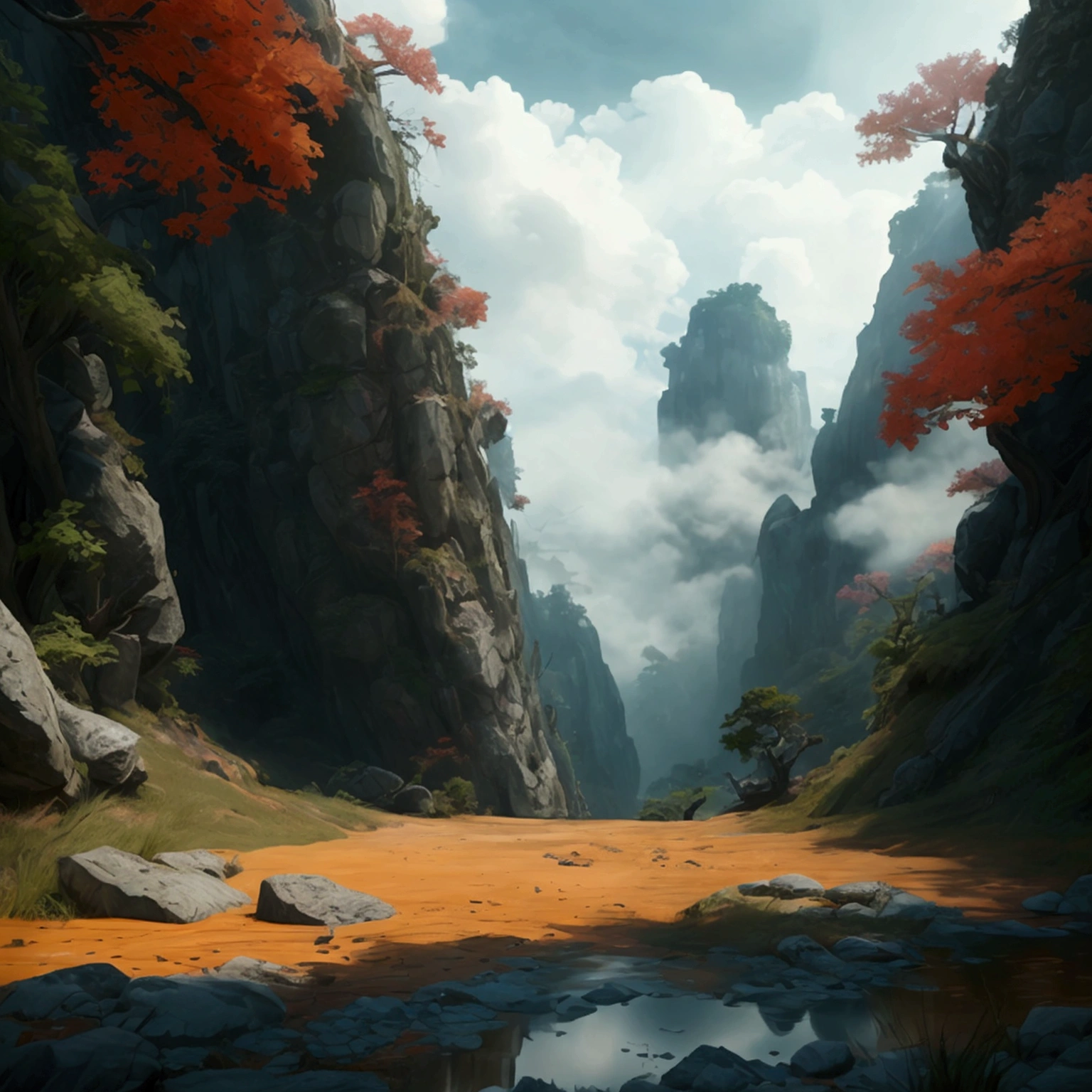 create a 2d RPG battle map with a top view, vista de topo, top-down. A Japanese setting featuring a dark, cloudy forest with a mud pit. captured in an ultra-realistic full HD 4K portrait, detailed texture showing its menacing shape, Immersive atmosphere, high definition shadow play, digitalpainting, nevoa no environment. suspense dinner. Poor lighting in the environment.