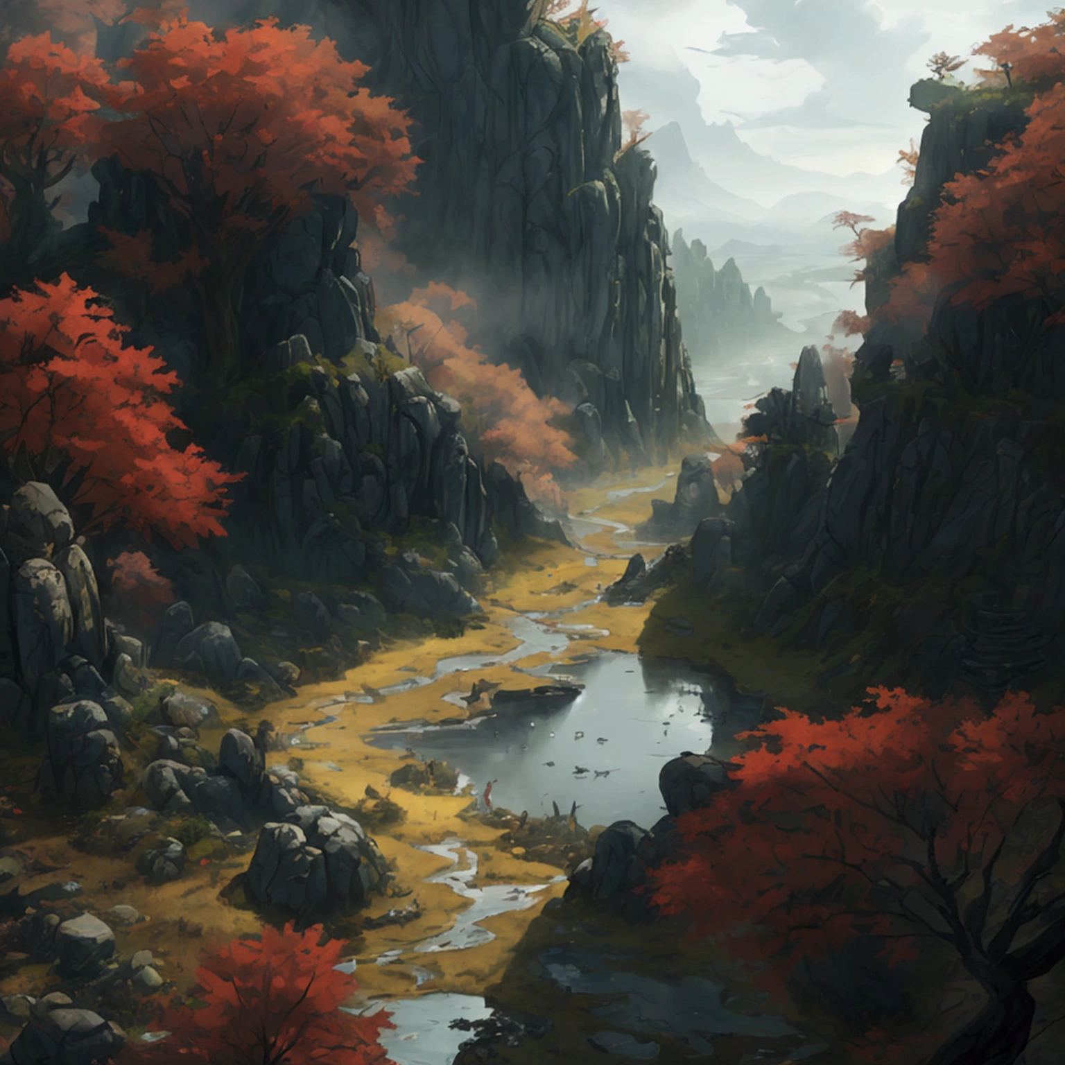 create a 2d RPG battle map with a top view, vista de topo, top-down. A Japanese setting featuring a dark, cloudy forest with a mud pit. captured in an ultra-realistic full HD 4K portrait, detailed texture showing its menacing shape, Immersive atmosphere, high definition shadow play, digitalpainting, nevoa no environment. suspense dinner. Poor lighting in the environment.
