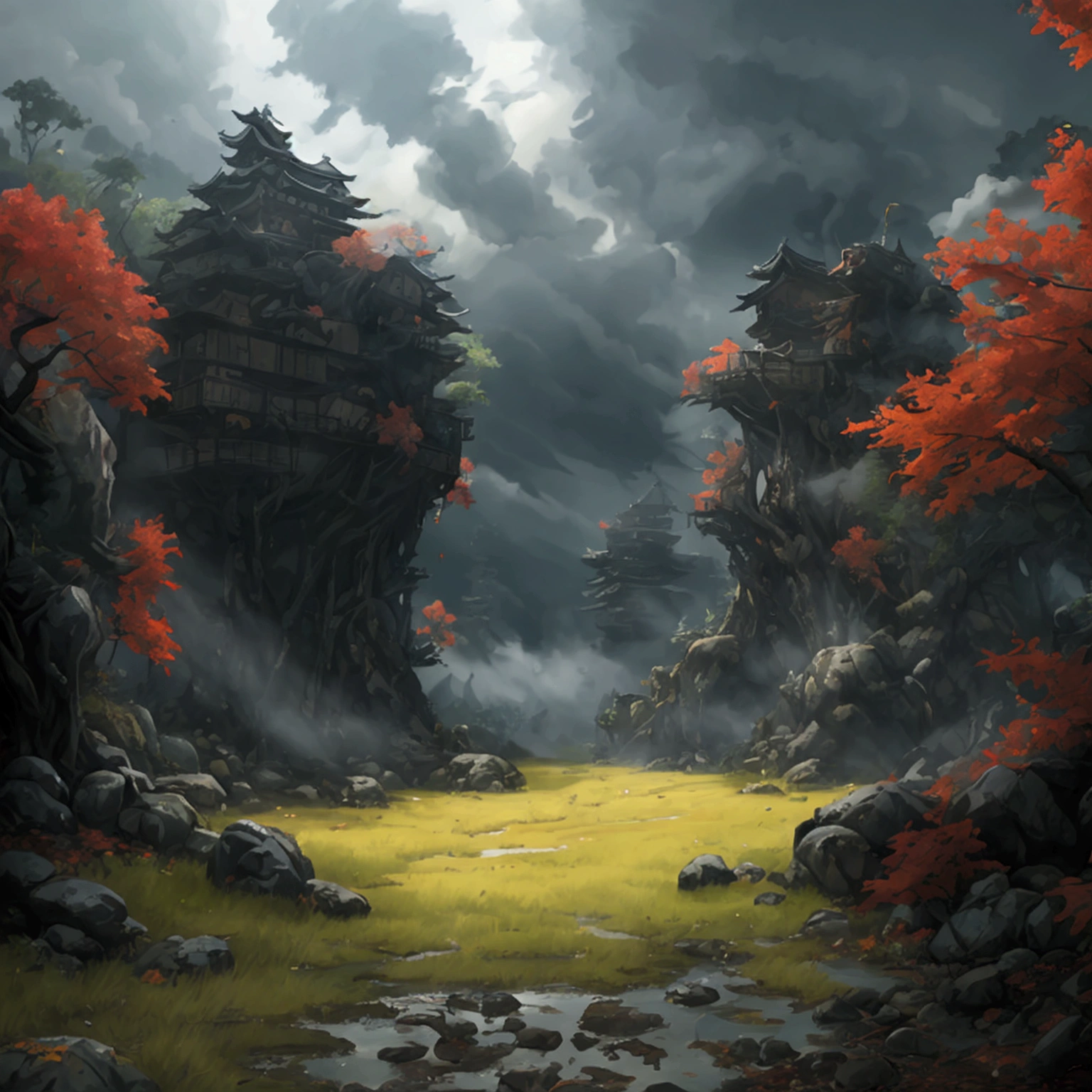 create a 2d RPG battle map with a top view, vista de topo, top-down. A Japanese setting featuring a dark, cloudy forest with a mud pit. captured in an ultra-realistic full HD 4K portrait, detailed texture showing its menacing shape, Immersive atmosphere, high definition shadow play, digitalpainting, nevoa no environment. suspense dinner. Poor lighting in the environment.