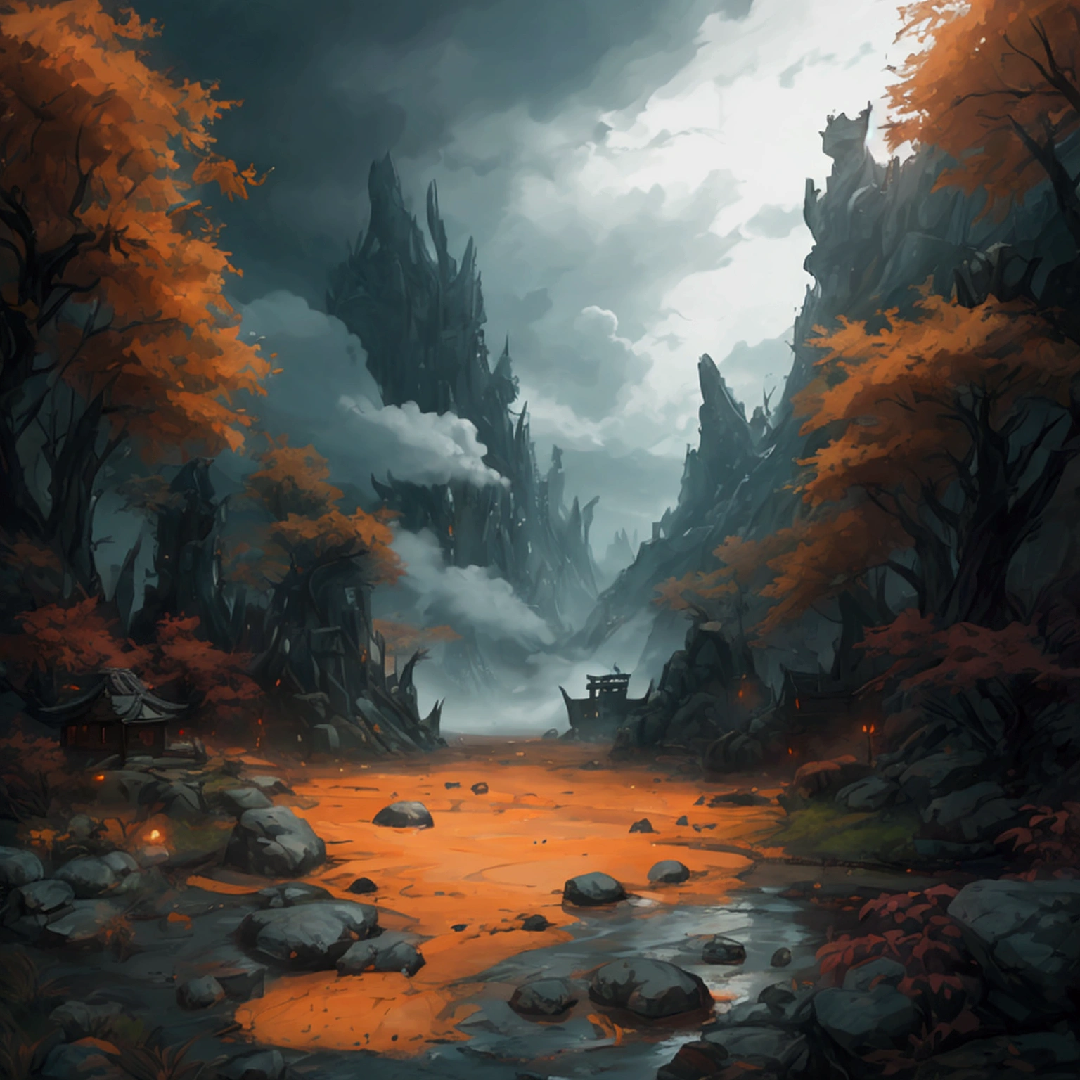 create a 2d RPG battle map with a top view, vista de topo, top-down. A Japanese setting featuring a dark, cloudy forest with a mud pit. captured in an ultra-realistic full HD 4K portrait, detailed texture showing its menacing shape, Immersive atmosphere, high definition shadow play, digitalpainting, nevoa no environment. suspense dinner. Poor lighting in the environment.