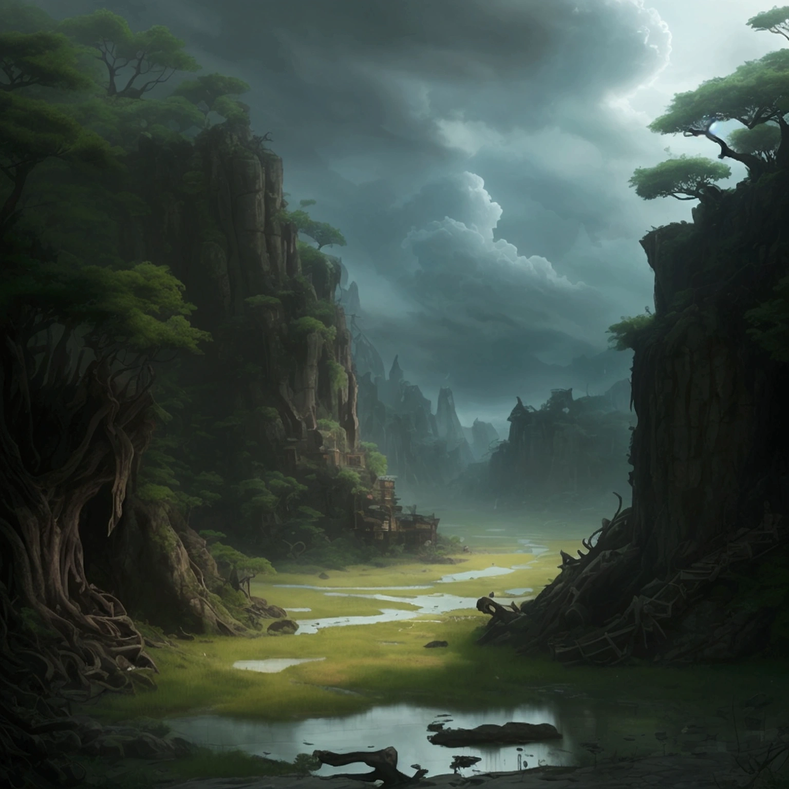 create a 2d RPG battle map with a top view, vista de topo, top-down. A Japanese setting featuring a dark, cloudy forest with a mud pit. captured in an ultra-realistic full HD 4K portrait, detailed texture showing its menacing shape, Immersive atmosphere, high definition shadow play, digitalpainting, nevoa no environment. suspense dinner. Poor lighting in the environment.