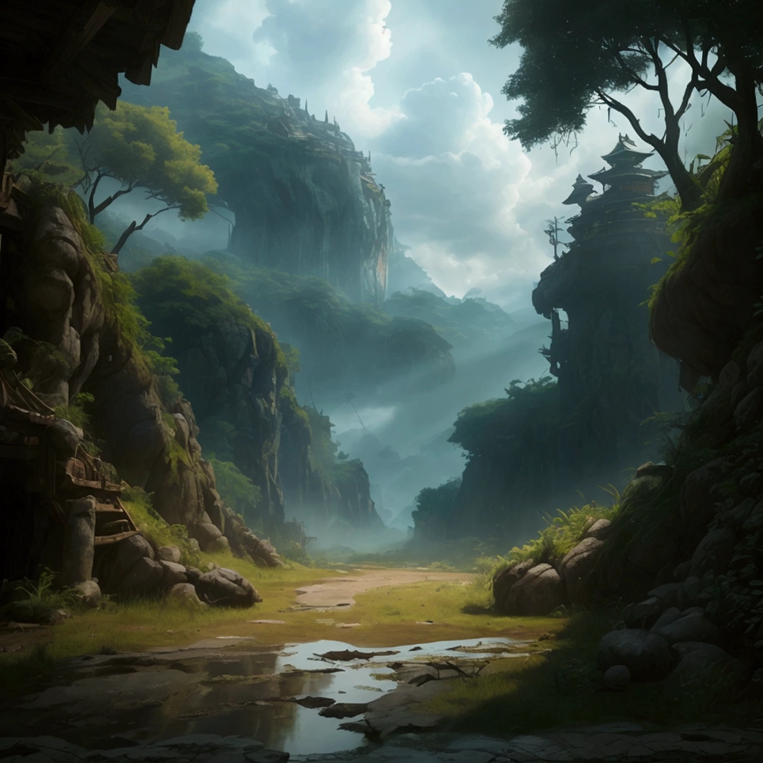 create a 2d RPG battle map with a top view, vista de topo, top-down. A Japanese setting featuring a dark, cloudy forest with a mud pit. captured in an ultra-realistic full HD 4K portrait, detailed texture showing its menacing shape, Immersive atmosphere, high definition shadow play, digitalpainting, nevoa no environment. suspense dinner. Poor lighting in the environment.