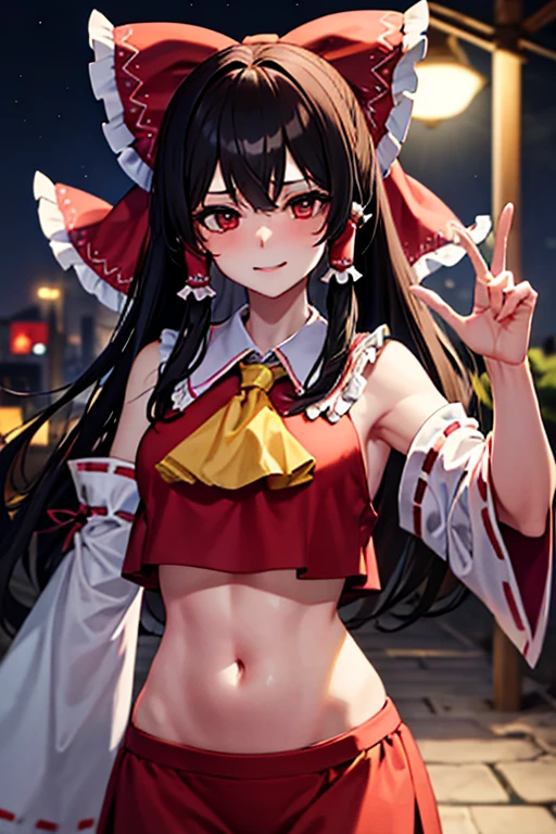 A gravure model, Reimu, happily chatting on a dark street at night