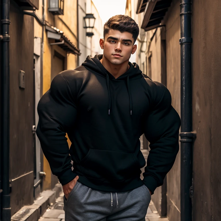 a young man, short hair, big eyes, wearing a simple black sweatshirt with long sleeves, massively muscular, with massively large muscles, leaning against the wall of a narrow alley