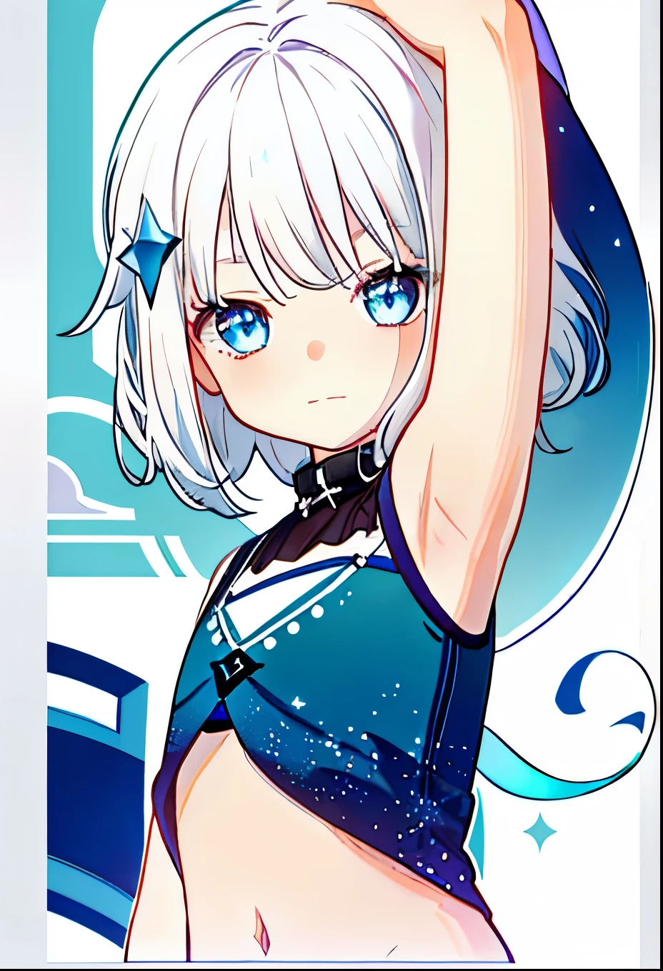 , 1 girl, white hair, blue sparkling eyes, beauty, armpits pose, exteriors, daysieackgound, chies, looking at viewer, stairwayont,tanktop, 10 years oldd face, detailed eyes, stomach ,loli, kid, kids,