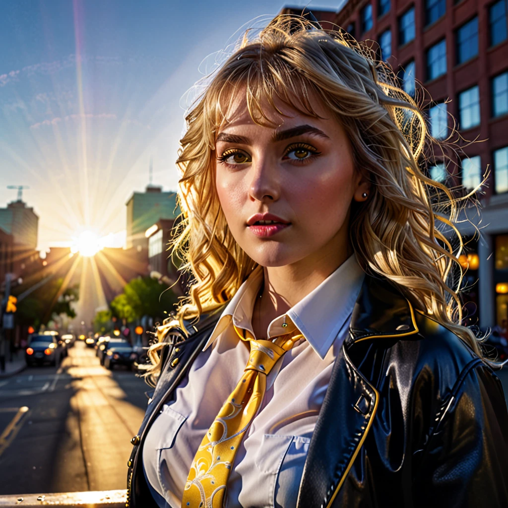 Young woman, intricate detail, masterpiece, best quality, extremly detailed,cinematic lighting, beautiful detailed glow, finely detailed beautiful face and eyes, 8k, dark intense shadows, yellow eyes, wavy hair, blonde hair, bangs, floating hair, black jacket, open jacket, white unbuttoned shirt, expressionless, yellow necktie, black lifting skirt, spotlight, sunshine, sunrise, gradient sky, city, lens flare, cowboy shot, [[curvy]], [mature female]