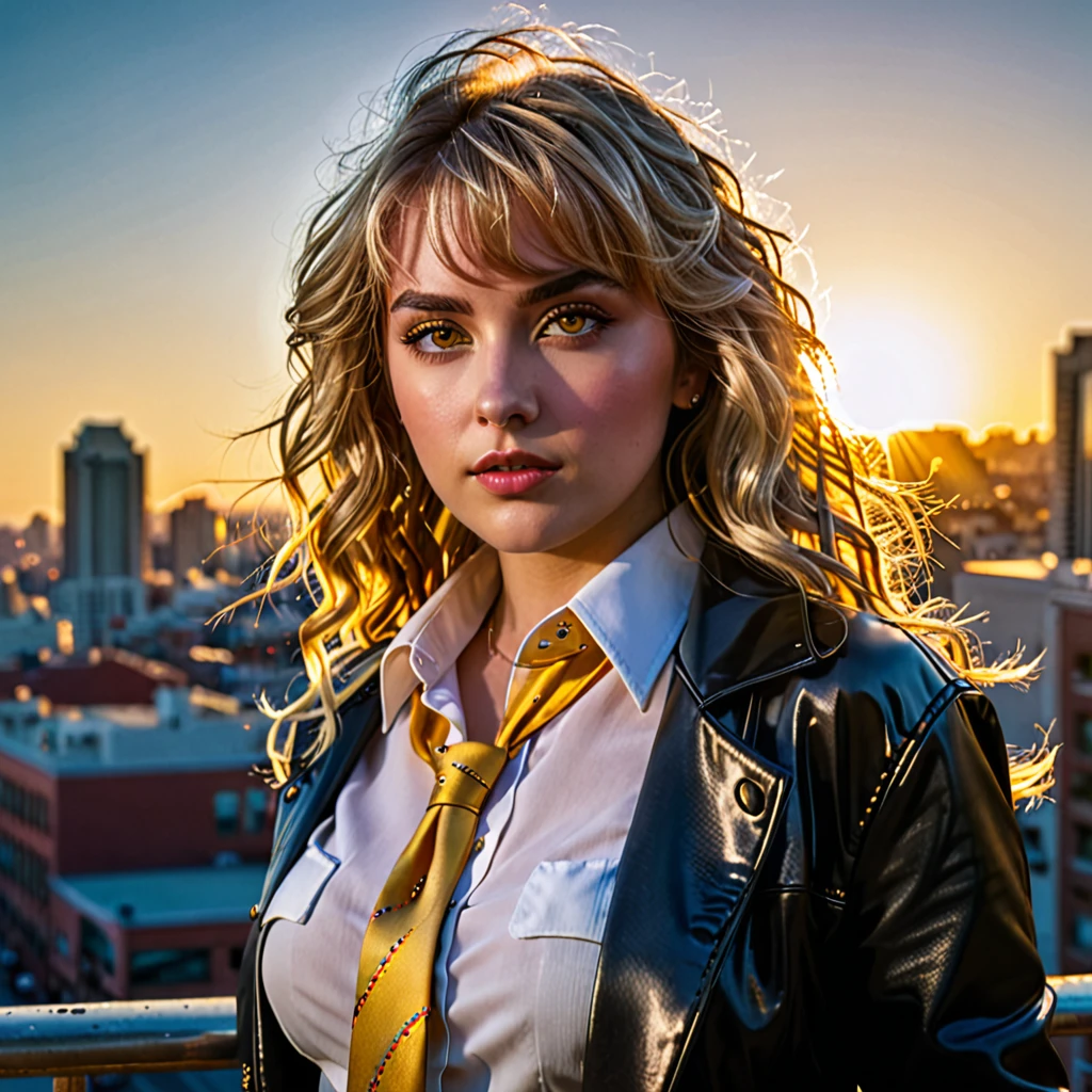 Young woman, intricate detail, masterpiece, best quality, extremly detailed,cinematic lighting, beautiful detailed glow, finely detailed beautiful face and eyes, 8k, dark intense shadows, yellow eyes, wavy hair, blonde hair, bangs, floating hair, black jacket, open jacket, white unbuttoned shirt, expressionless, yellow necktie, black lifting skirt, spotlight, sunshine, sunrise, gradient sky, city, lens flare, cowboy shot, [[curvy]], [mature female]