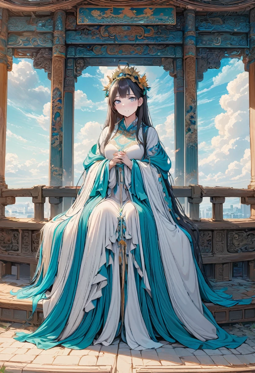 (masterpiece, best quality:1.2),1 Girl, Medium breasts, Long hair, Gray eyes, outdoor, Clouds,bite_style,Chinese line drawing