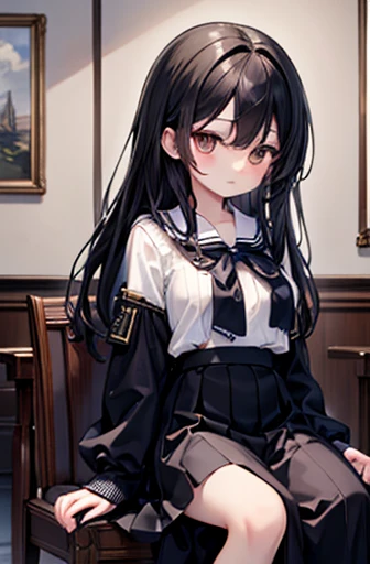 ((Highest quality)),(超High resolution),(Very detailed),(Detailed Description),((The best CG)),(A masterpiece of art),Ultra-detailed art,Amazing painting art,(Art with precise detail:1.5), Portraiture:1.6,Bust Shot:1.4,,Beautiful and well-proportioned face:1.5,Black Sailor Suit、girl,thin、Small face、Brown eyes、expensive、 High resolution,Black Hair、Long Hair、Hotel、Black long skirt、Sitting at a desk、mature、Big Breasts