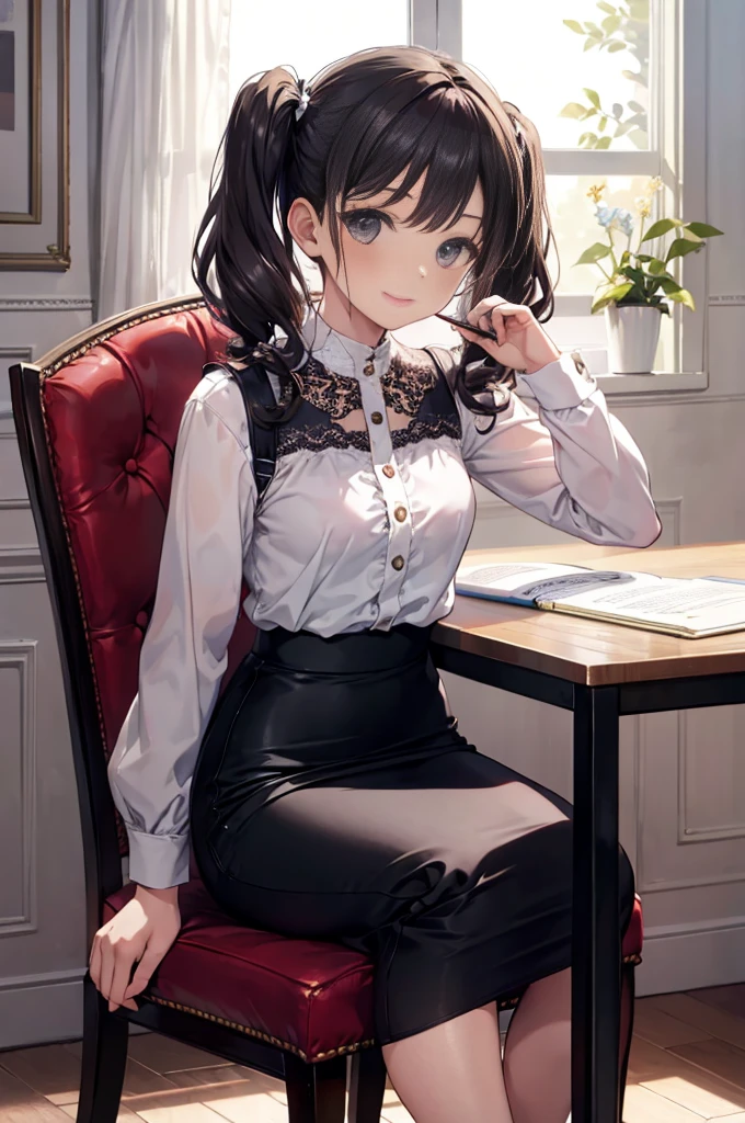 (masterpiece), 4K,woman,2 feet,long sleeve military uniform,Small breasts,Small Ass,Curly Twin Tails,Light bulb lighting,Realistic, skinny, smile,Sitting in a luxurious chair,((Lace ruffled pencil skirt)),Writing documents